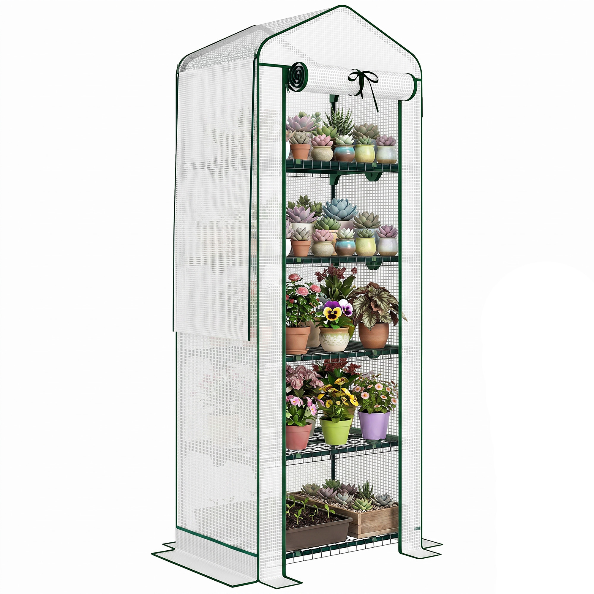 Mini Greenhouse with Screen Roof, 5 Tier Portable Small Greenhouse with High Strength PE Cover, White