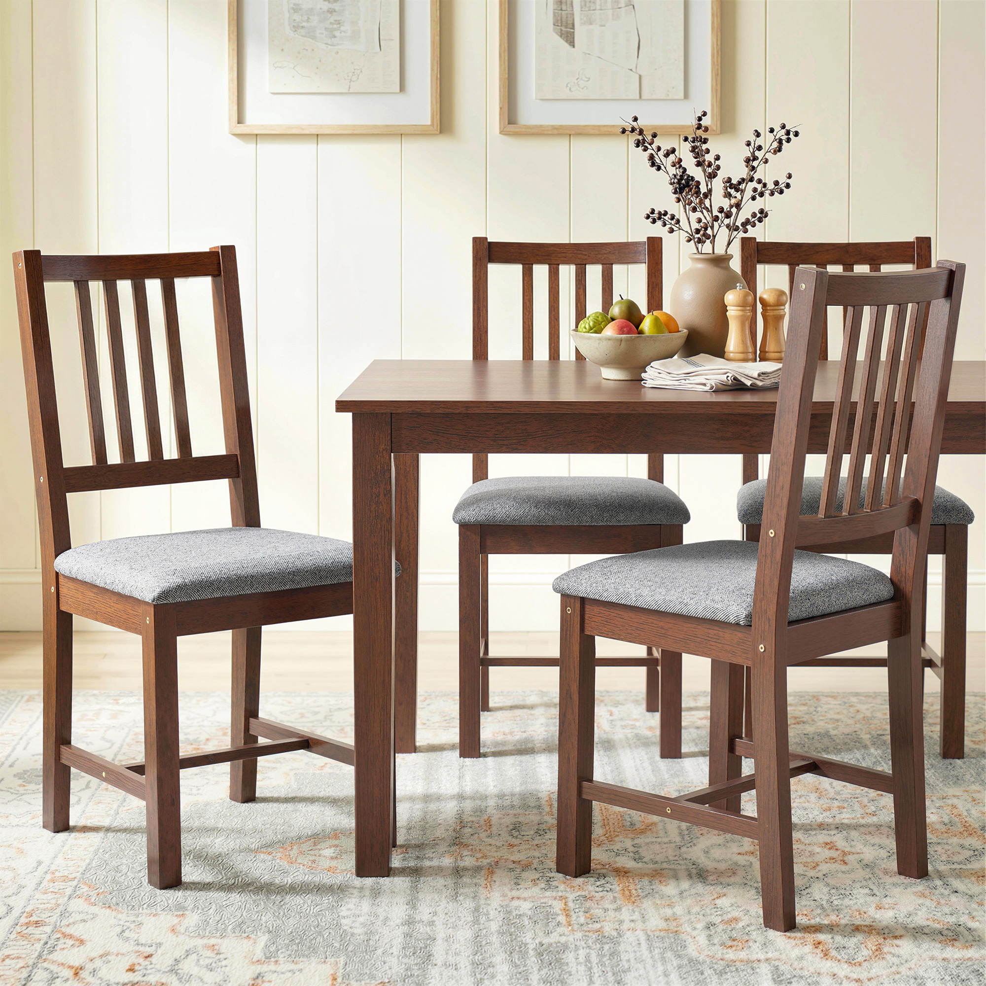 Set of 4 Dining Chairs, Upholstered Dining Room Chairs with Rubberwood Legs for Kitchen, Farmhouse Walnut