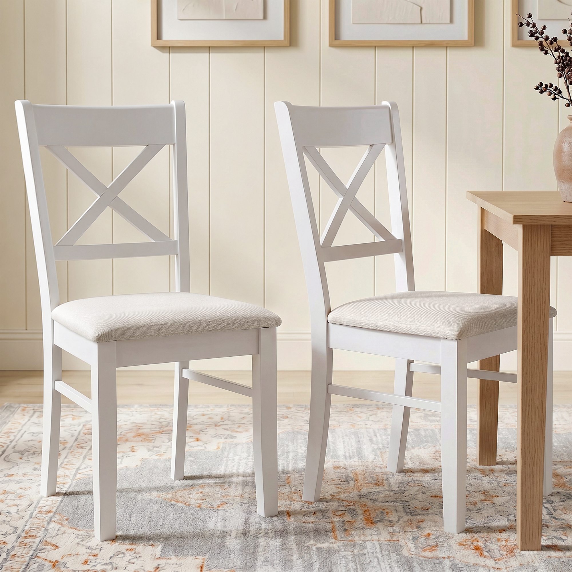 Dining Chairs Set of 2, Upholstered Kitchen Chairs with Rubberwood Frame, Padded Seat and X-Back, White