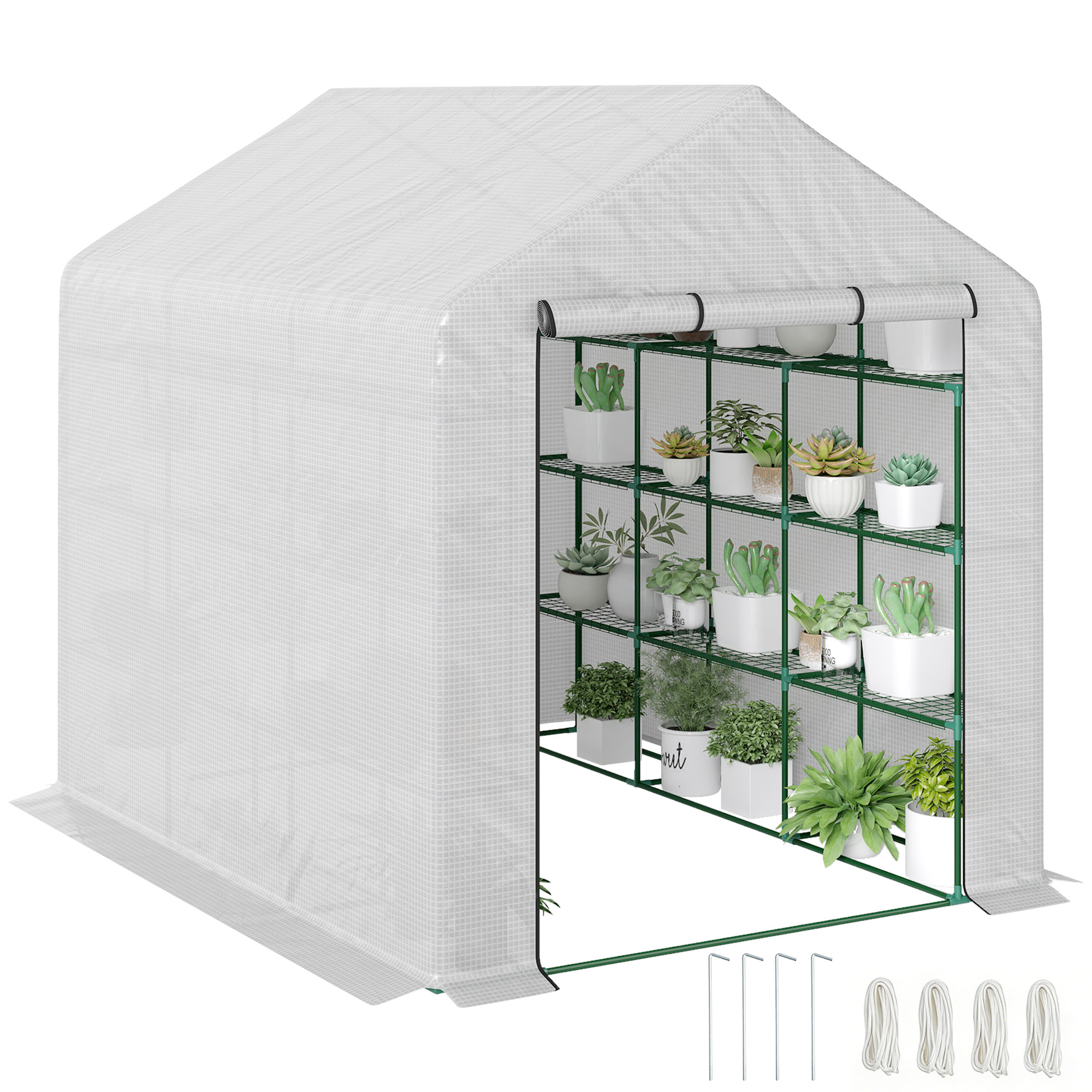 Outdoor Walk-in Greenhouse with Roll-up Zipper Door, 18 Shelves, PE Cover, 95.25" x 70.75" x 82.75", White