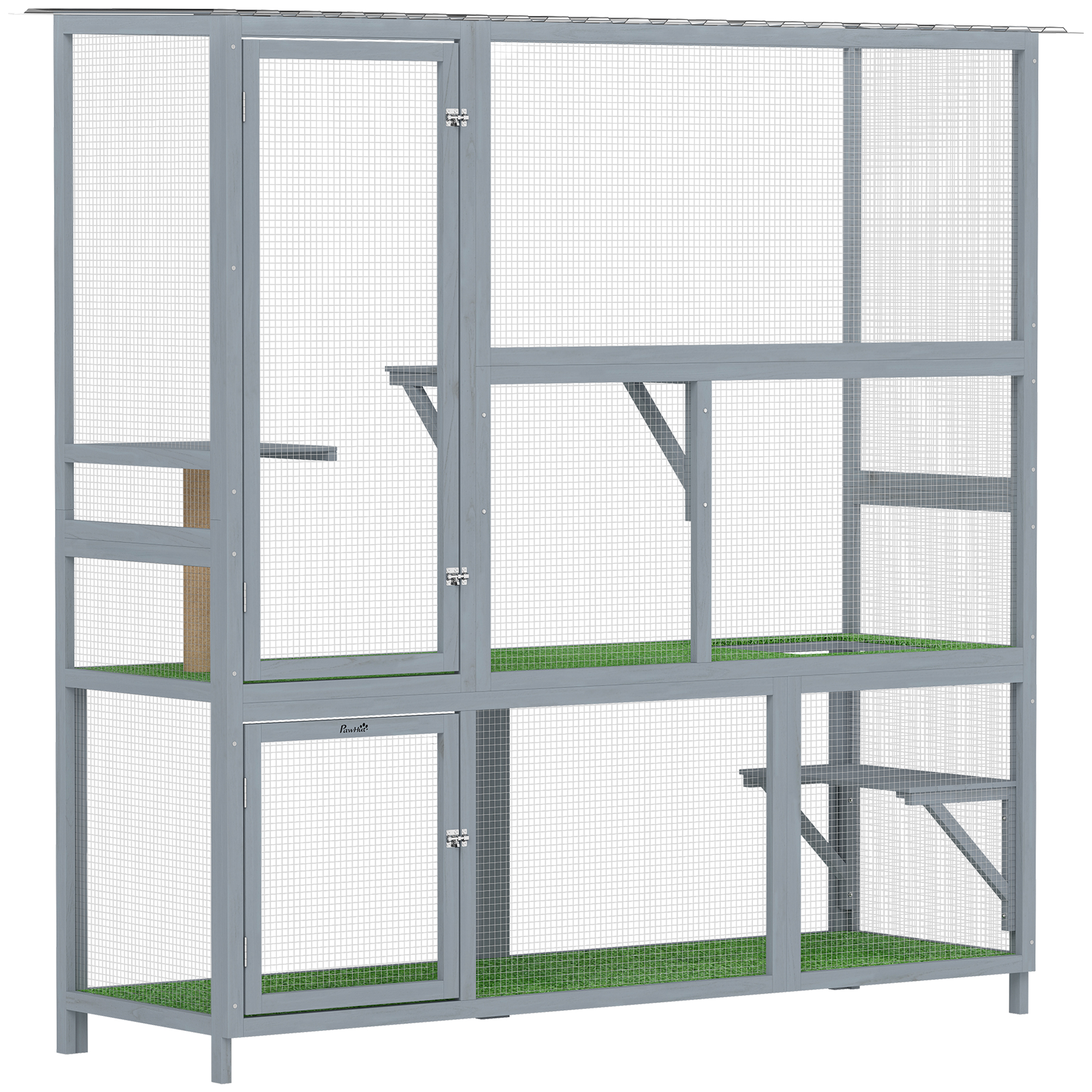 Catio Outdoor Cat Enclosure, 77" H Wooden Cat House with Weatherproof Roof, Platforms and Scratching Post
