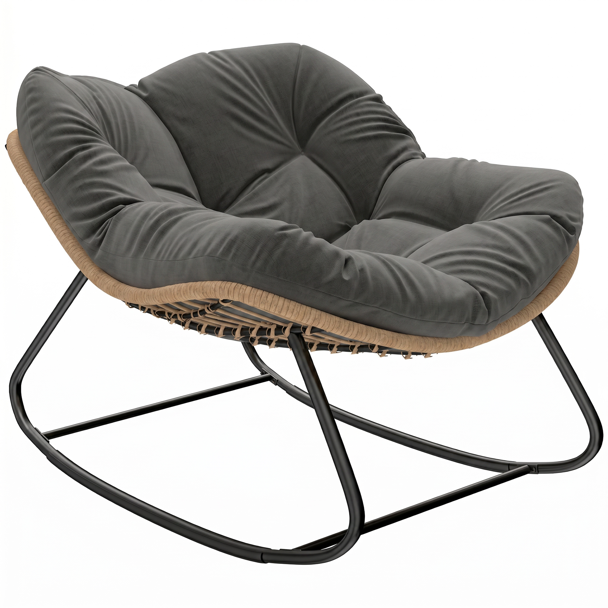Indoor Outdoor Papasan Rocking Chair, Oversized Rocking Egg Chair with Cushion for Garden, Patio, Dark Gray