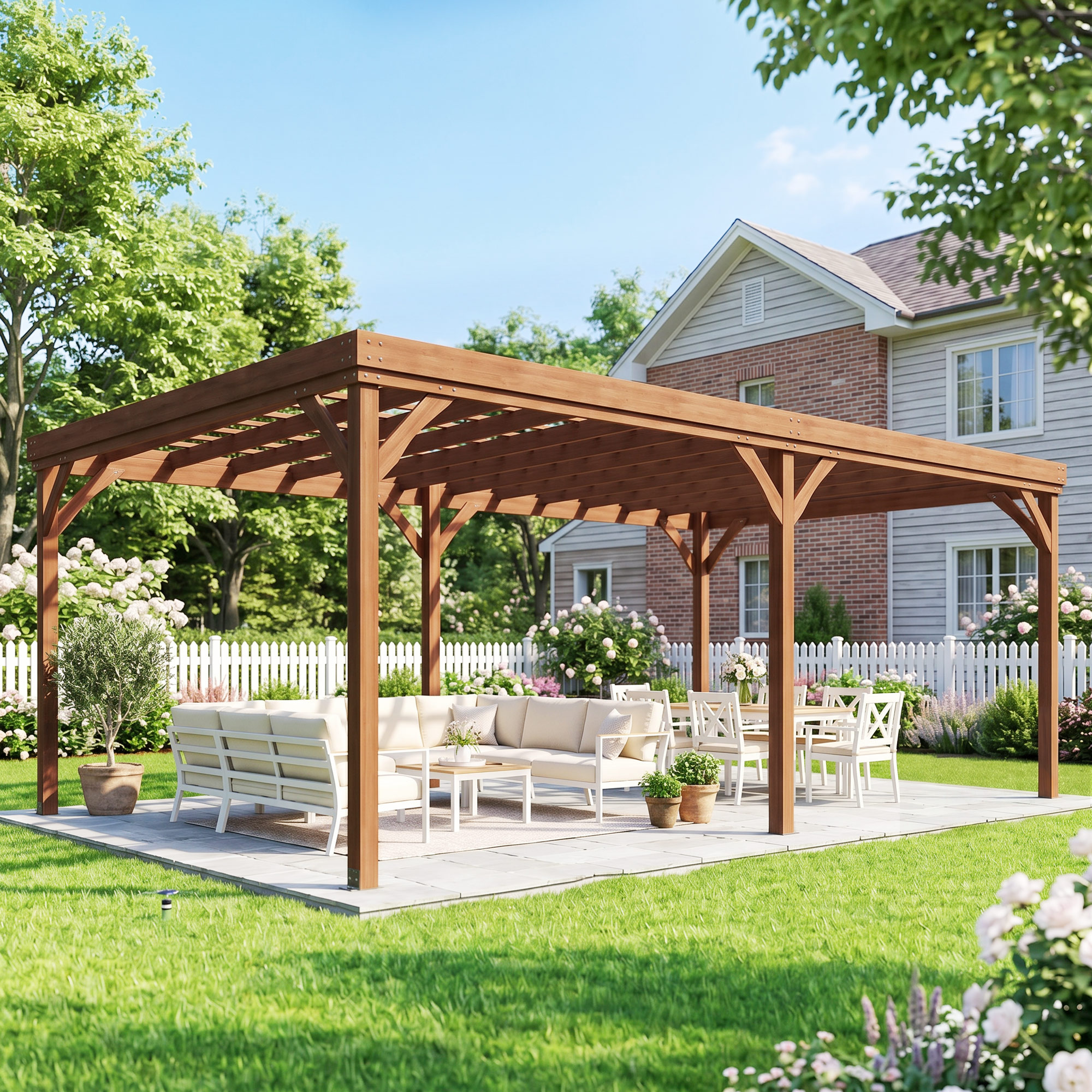 12' x 20' Outdoor Wooden Pergola, Grape Vine Gazebo with Concrete Anchors for Garden, Patio, Backyard, Deck, Brown