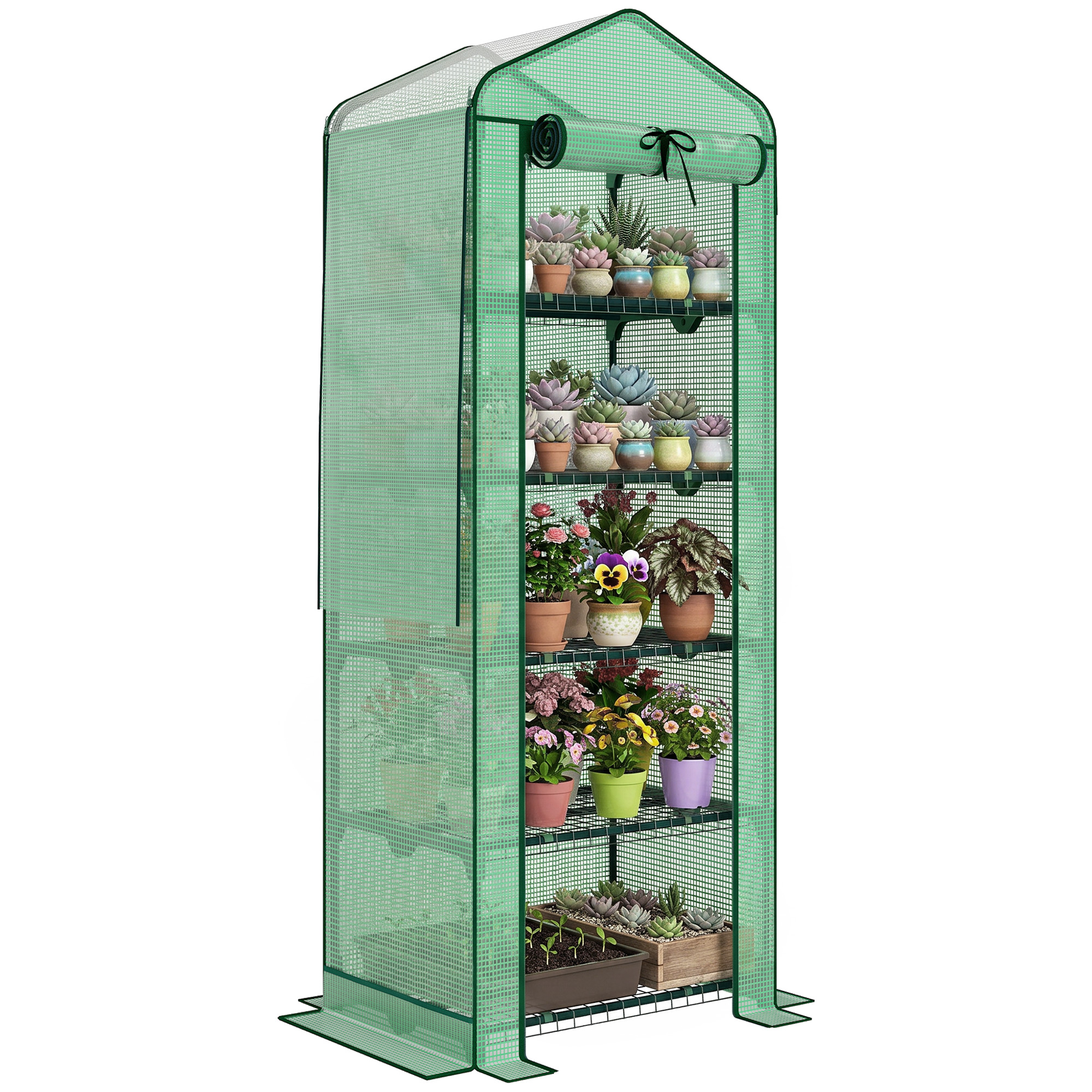 Mini Greenhouse with Screen Roof, 5 Tier Portable Small Greenhouse with High Strength PE Cover, Green