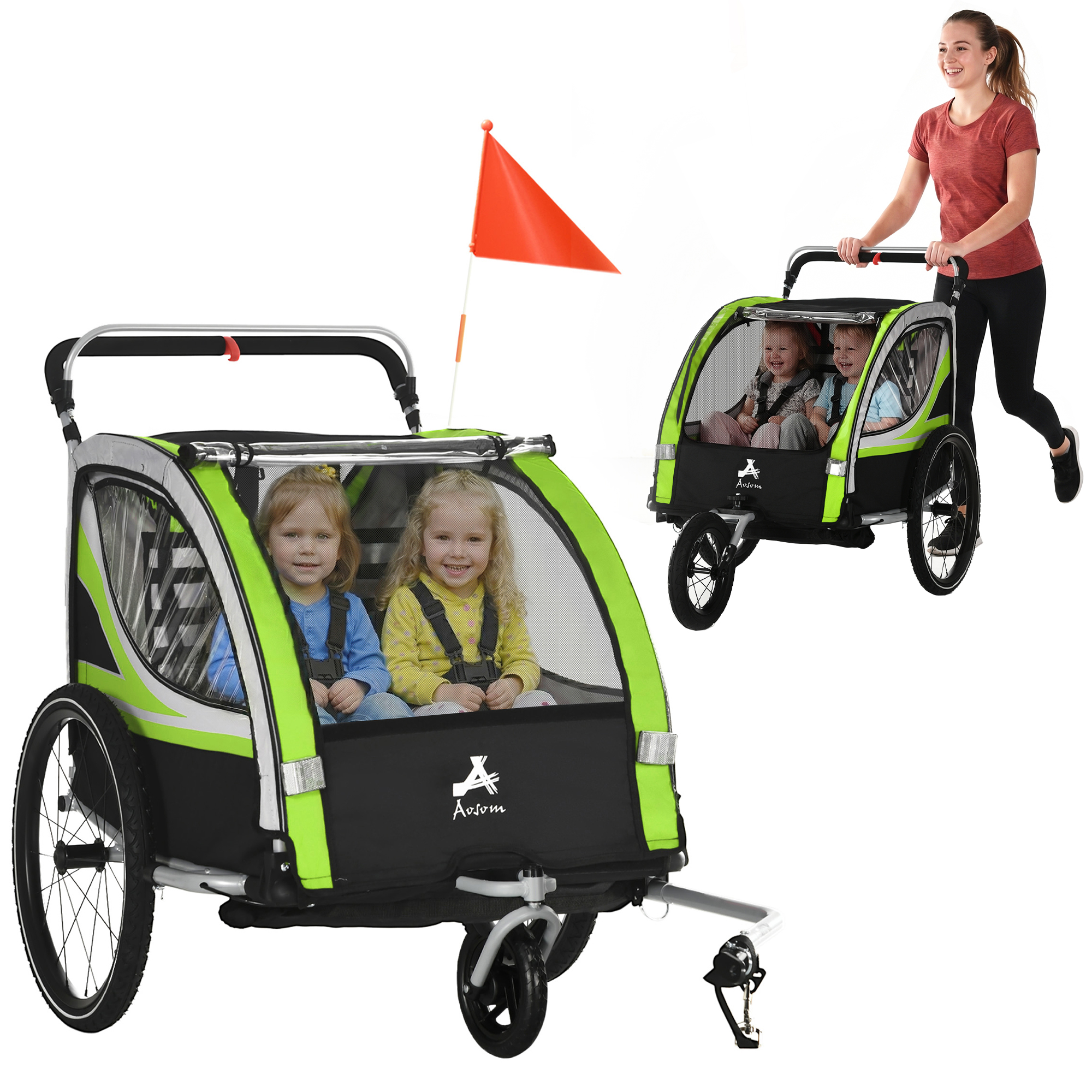 3-in-1 Bike Trailer for Kids, Running Stroller with 2 Seats, Jogging Cart with 5-Point Harness, Storage Units, Green