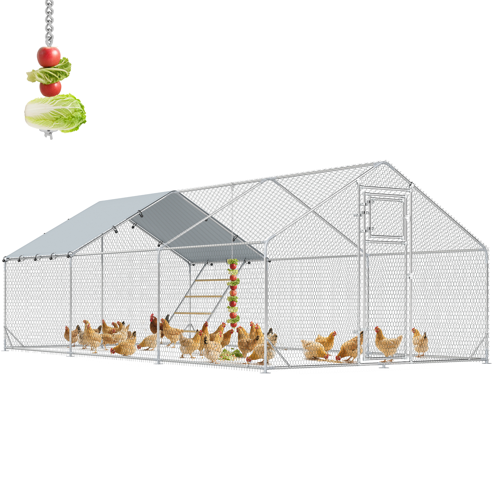 Metal Chicken Run w/ Waterproof & Anti-UV Cover, Feeding Door, Hanging Feeder, for 18-24 Chickens, 9.8' x 19.7' x 6.4'