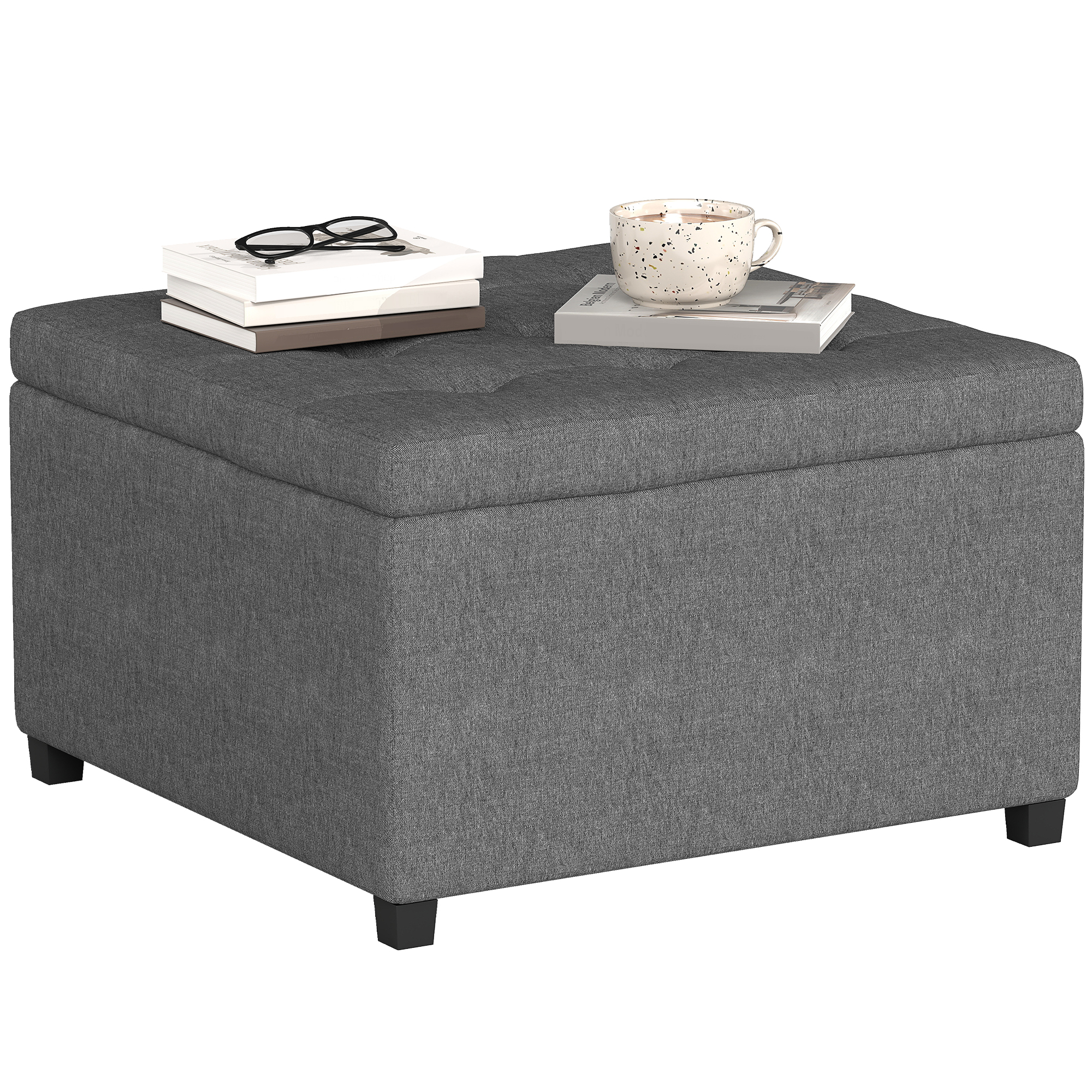 Round Storage Ottoman Bench, Button Tufted Ottoman with Flip Top for Living Room, Entryway and Bedroom, Gray