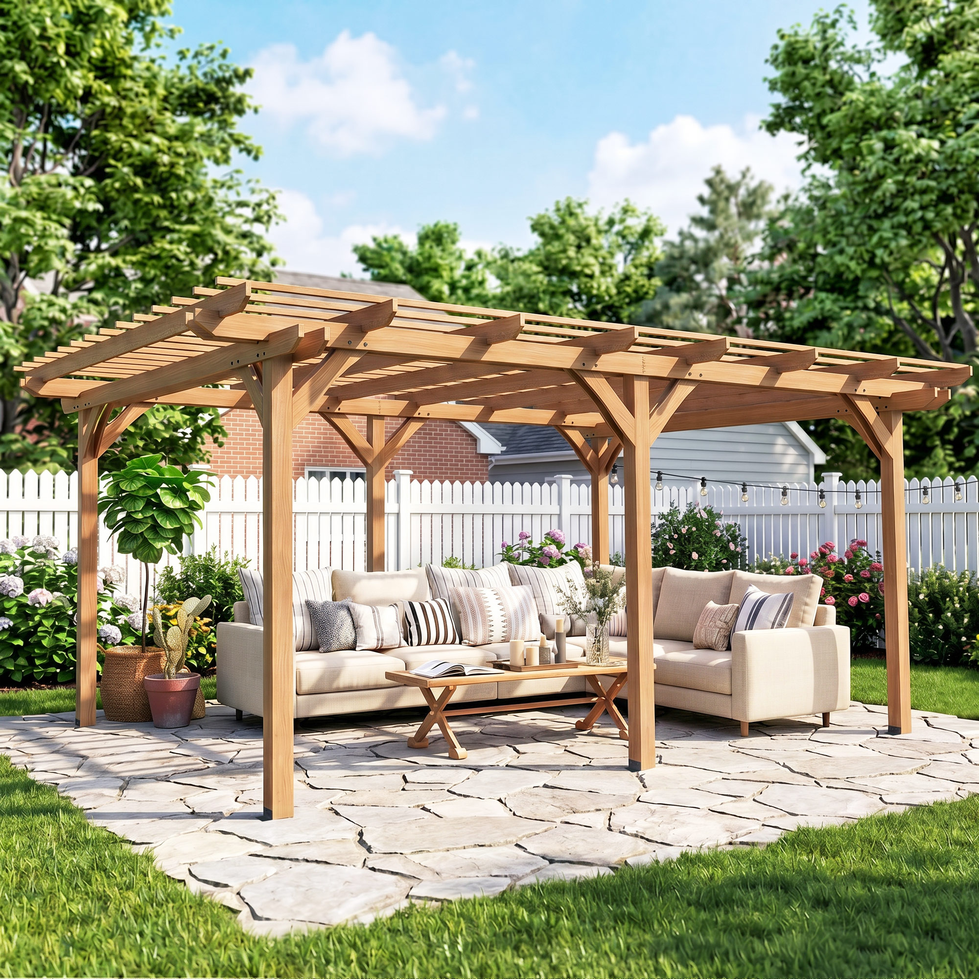 12' x 16' Outdoor Pergola Grape Trellis, Wood Gazebo for Climbing Plants at Garden, Patio, Backyard, Deck, Brown