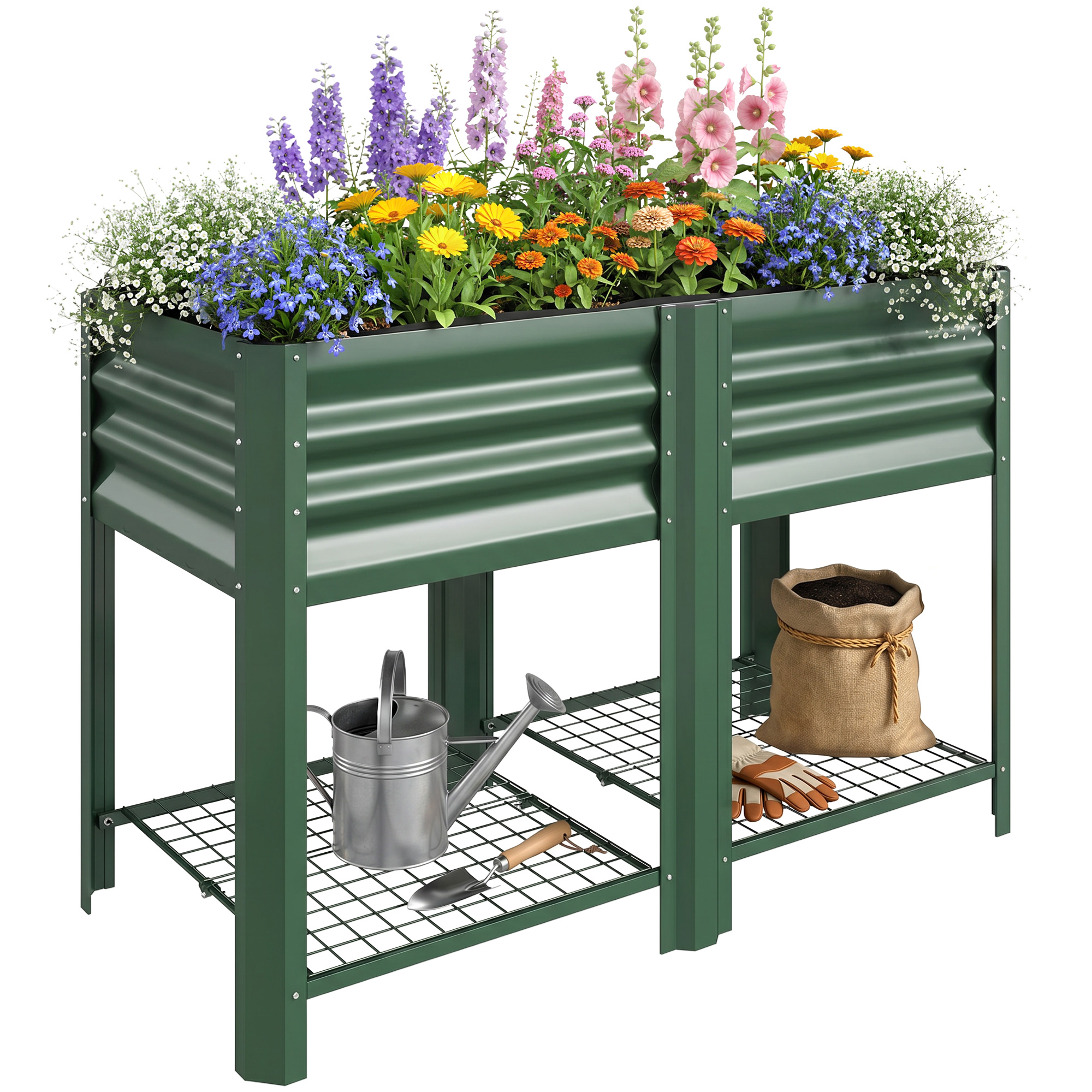 Raised Garden Bed Galvanized Steel, Elevated Planter Box with Storage Shelf, Bed Liner, 31.5" High, Green
