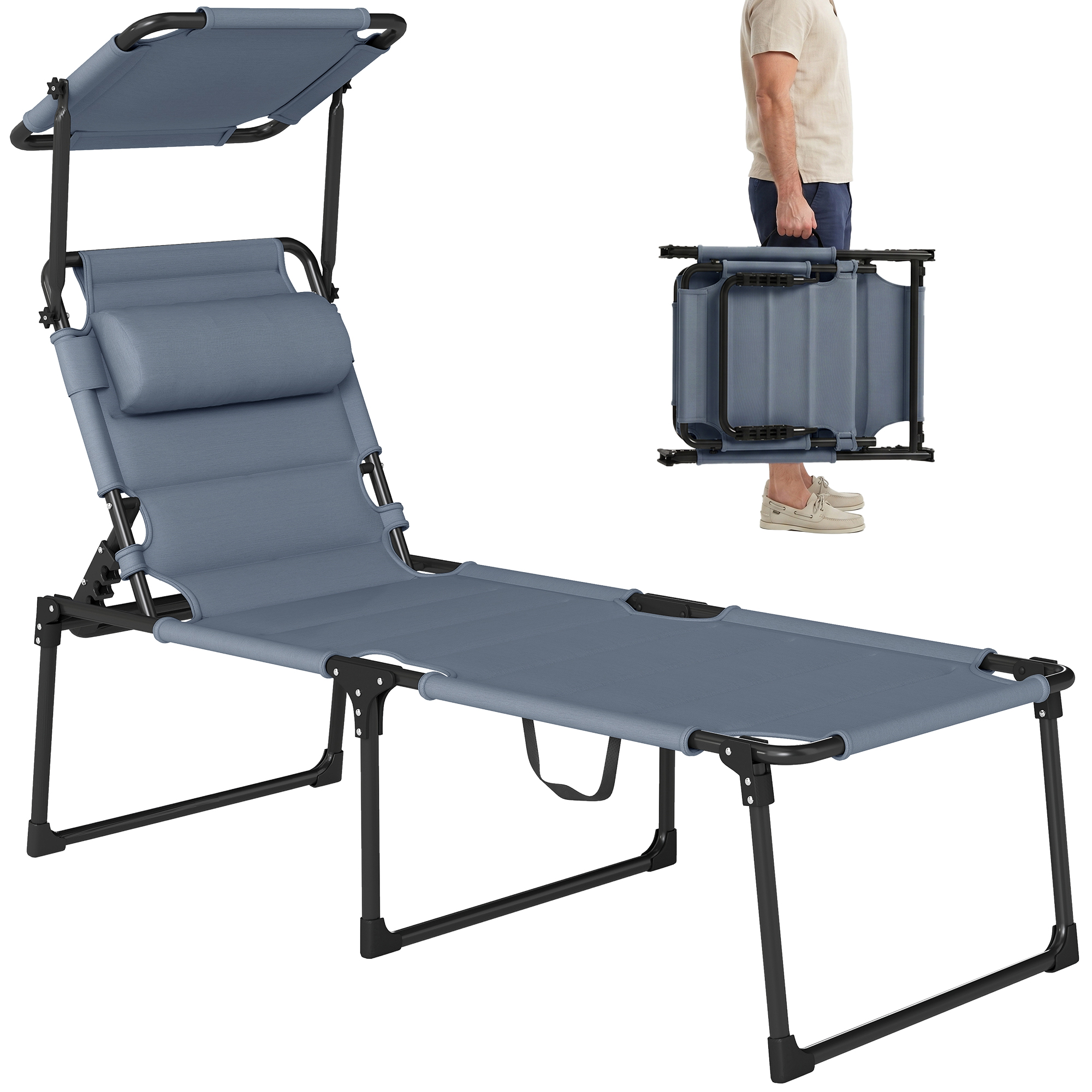 Outdoor Lounge Chair, 4 Position Adjustable Backrest, Folding, Cushioned w/ Sun Shade Roof & Pillow, Gray