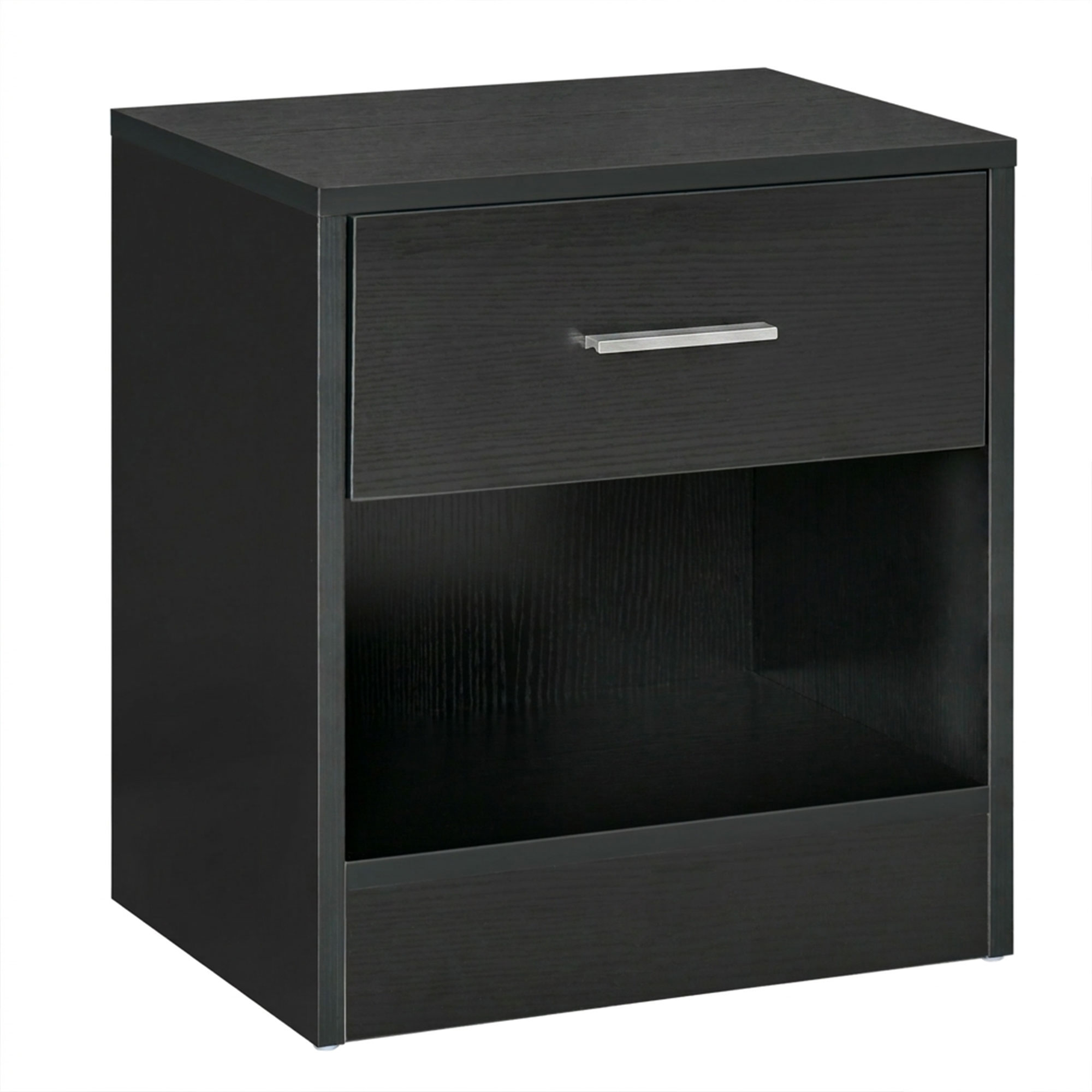 Modern Side Table with Drawer and Storage Shelf, End Table for Living Room, Black Wood Grain
