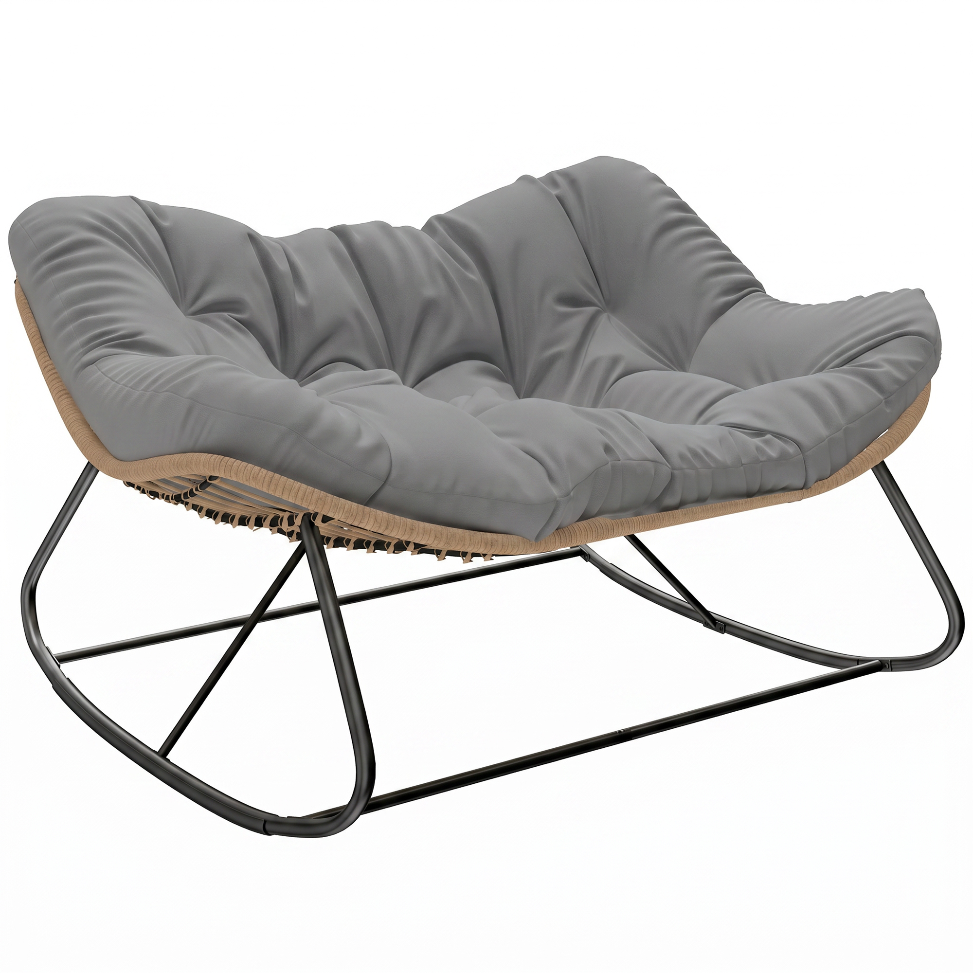Indoor Outdoor Double Papasan Rocking Chair, Oversized Rocking Egg Chair with Cushion for Garden, Patio, Gray