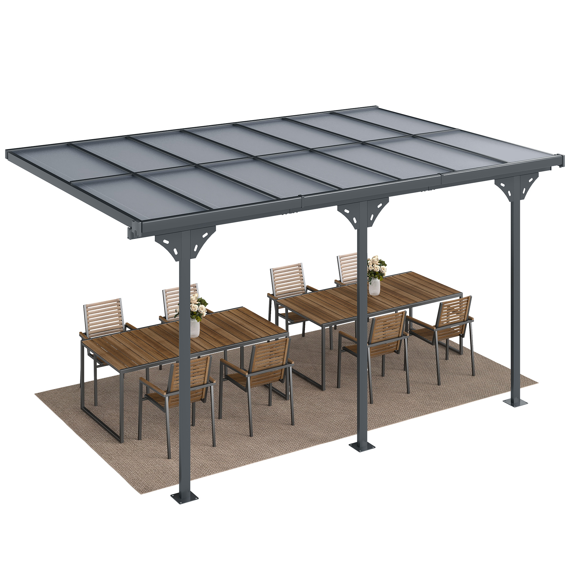 14.5' x 10' Outdoor Polycarbonate Pergola, Transparent UV Blocking Awning, Hardtop Deck Gazebo, Aluminum, Gray