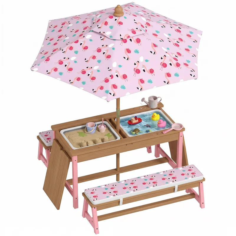 Kids Picnic Table Set with Foldable Umbrella, Removable Cushions & Boxes, Flamingo Theme, Pink