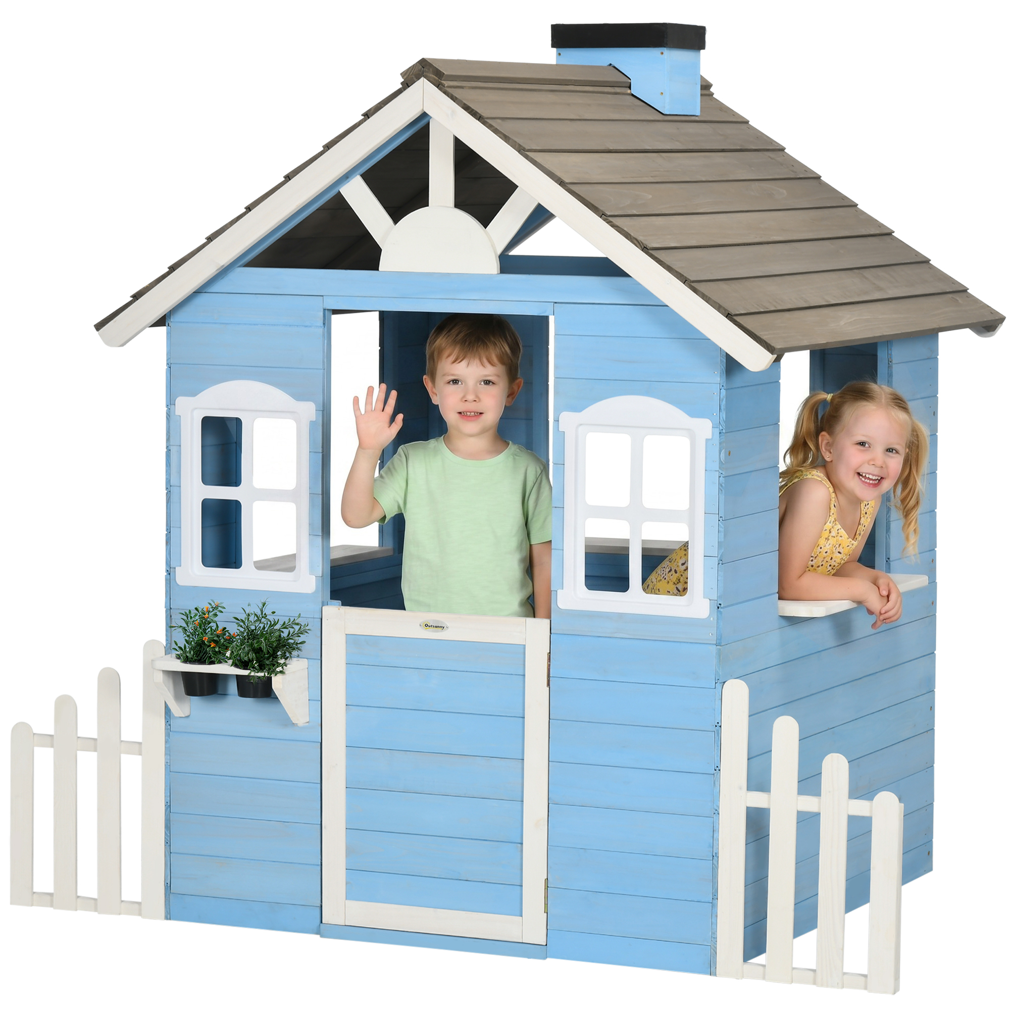 Wooden Playhouse for Kids Outdoor with Flower Pot Holders, Door, Windows, Service Stations for 3-7 Years, Blue