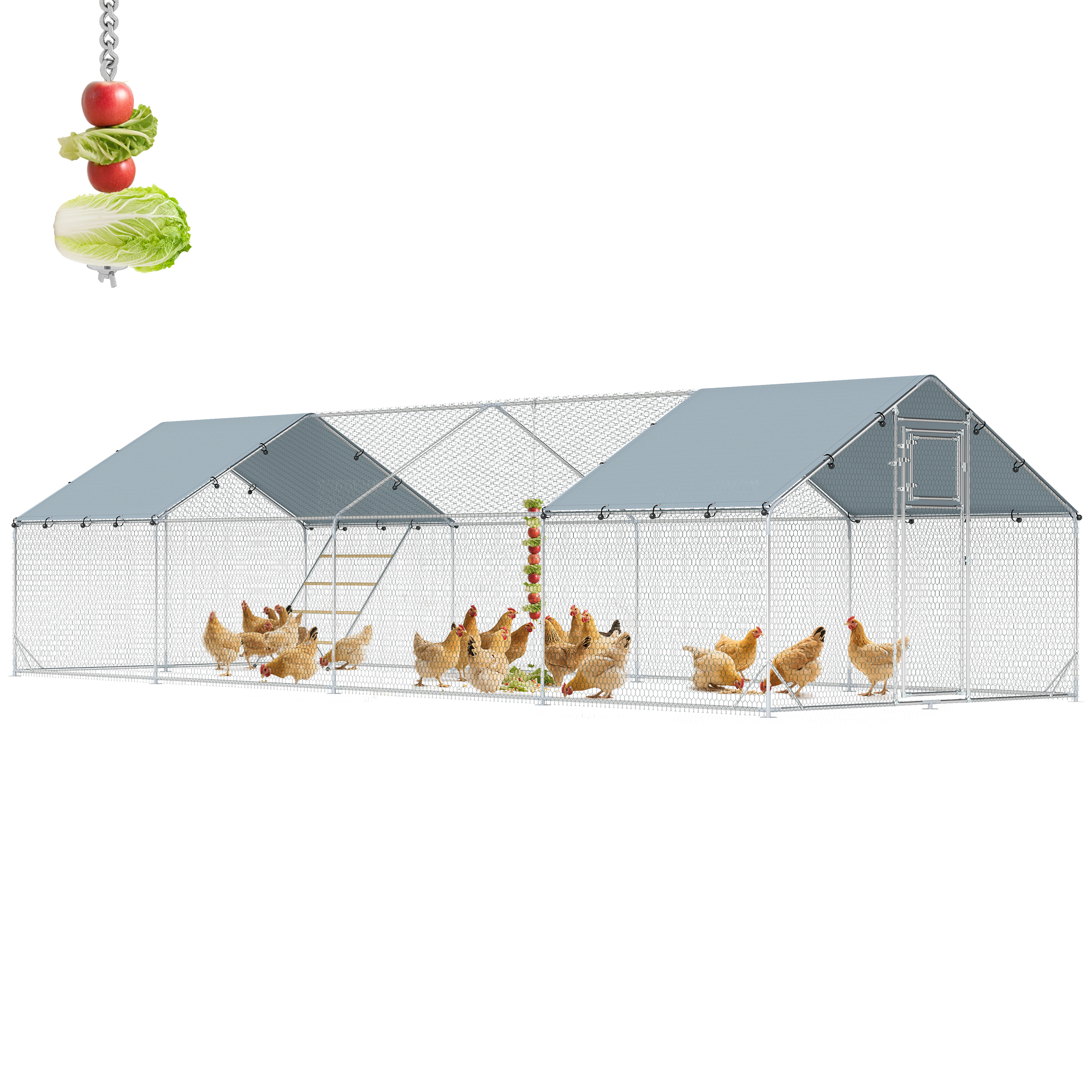Metal Chicken Coop, 26' x 10' x 6.4' Large Chicken Run with Feeding Door, Waterproof Cover, Hanging Feeder, Perch