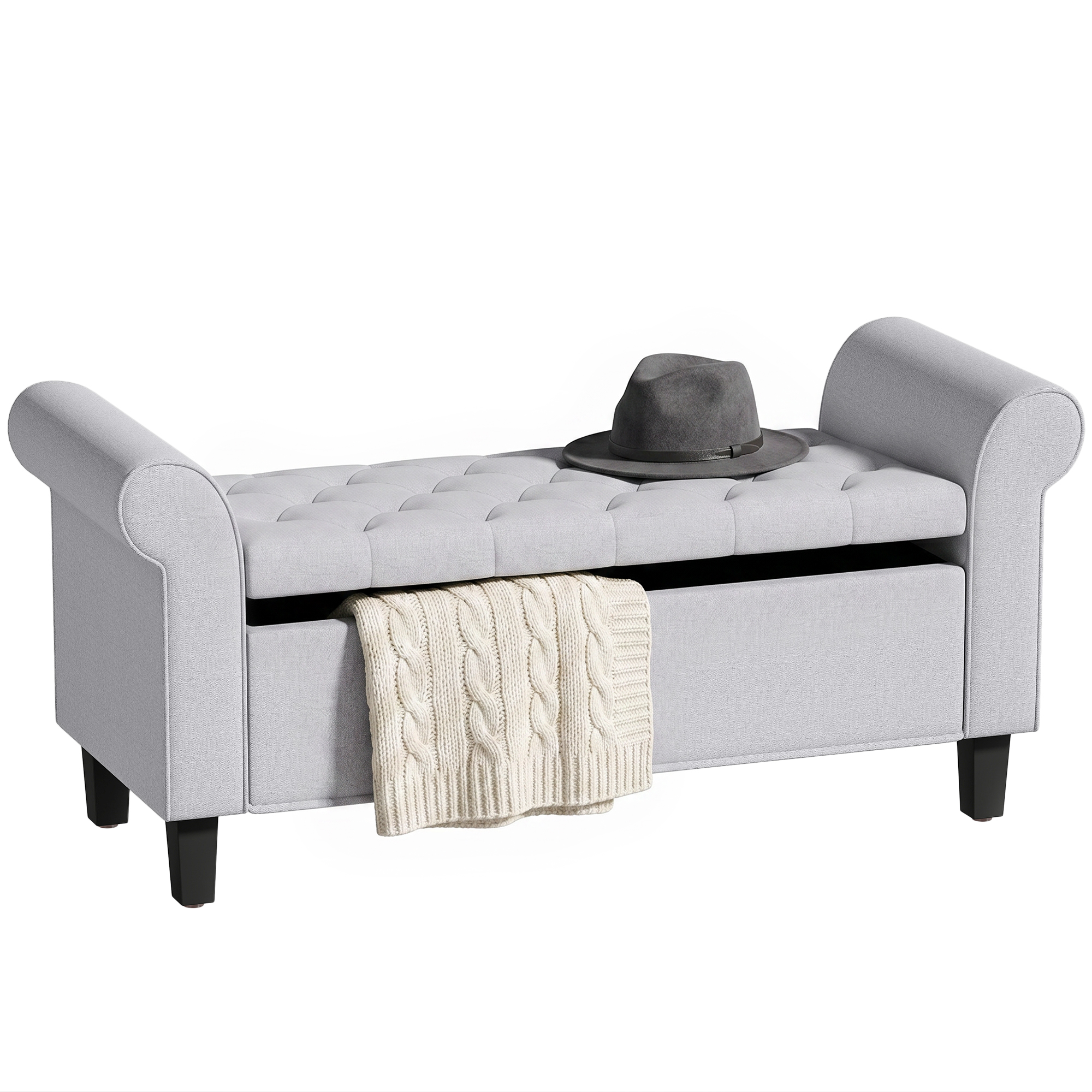47" Storage Ottoman Bench, Tufted End of Bed Bench with Rolled Arms, Safety Hinge, Wood Legs for Bedroom, Light Gray