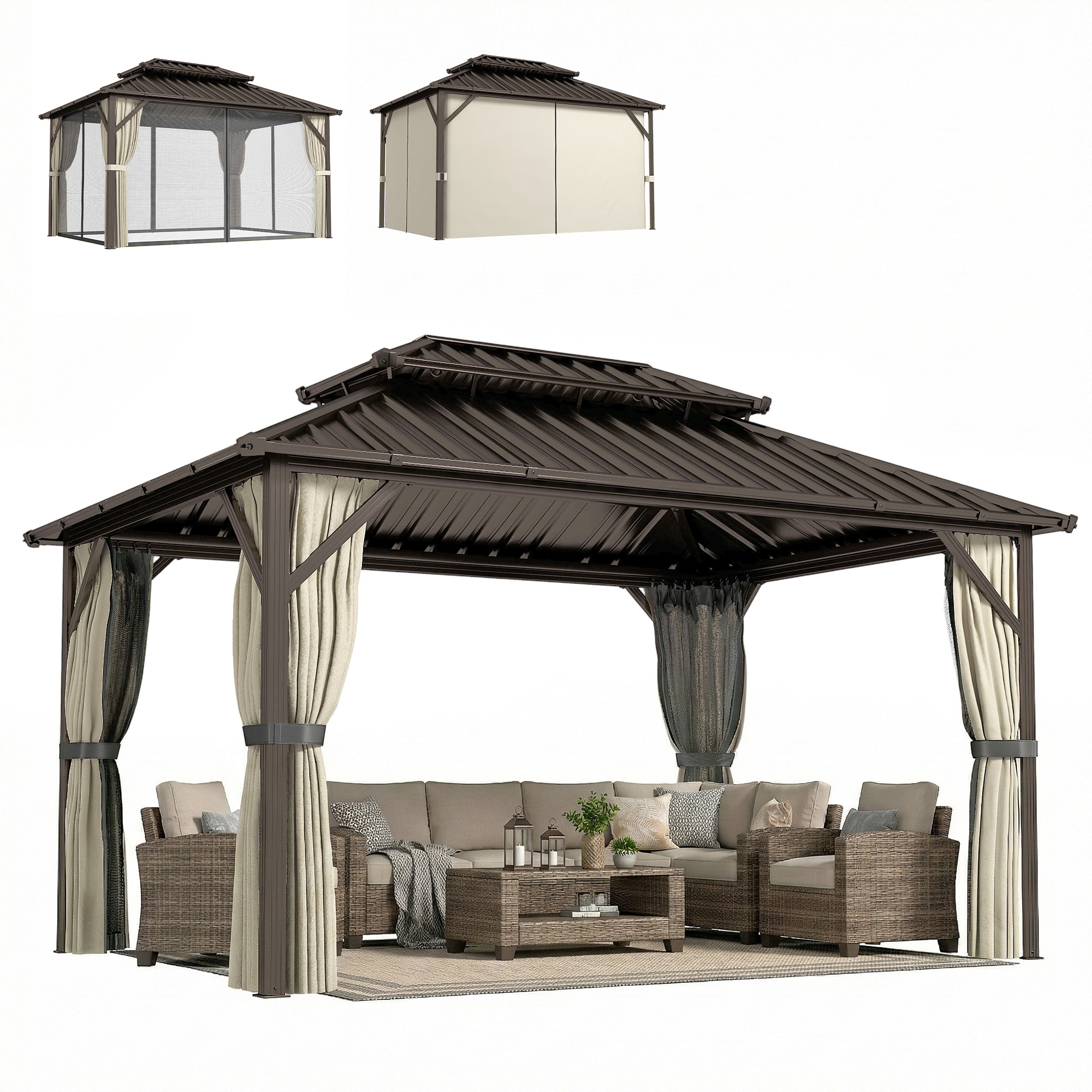 10' x 14' Hardtop Gazebo with Double Galvanized Steel Roof Canopy, Aluminum Frame Permanent Gazebo, Brown