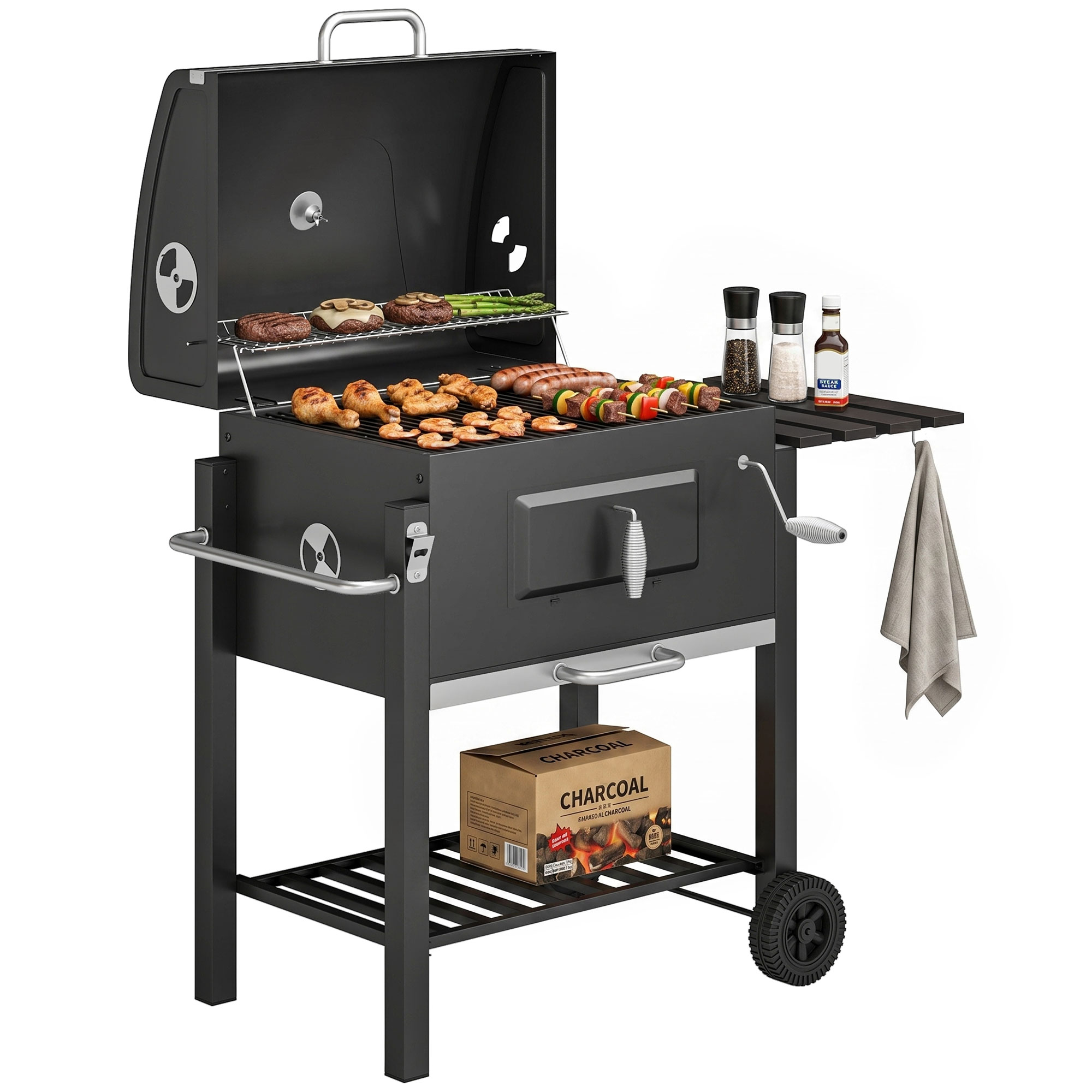 Charcoal BBQ Grill and Smoker Combo Outdoor Portable Trolley Camping Picnic Backyard with Side Shelf, Black