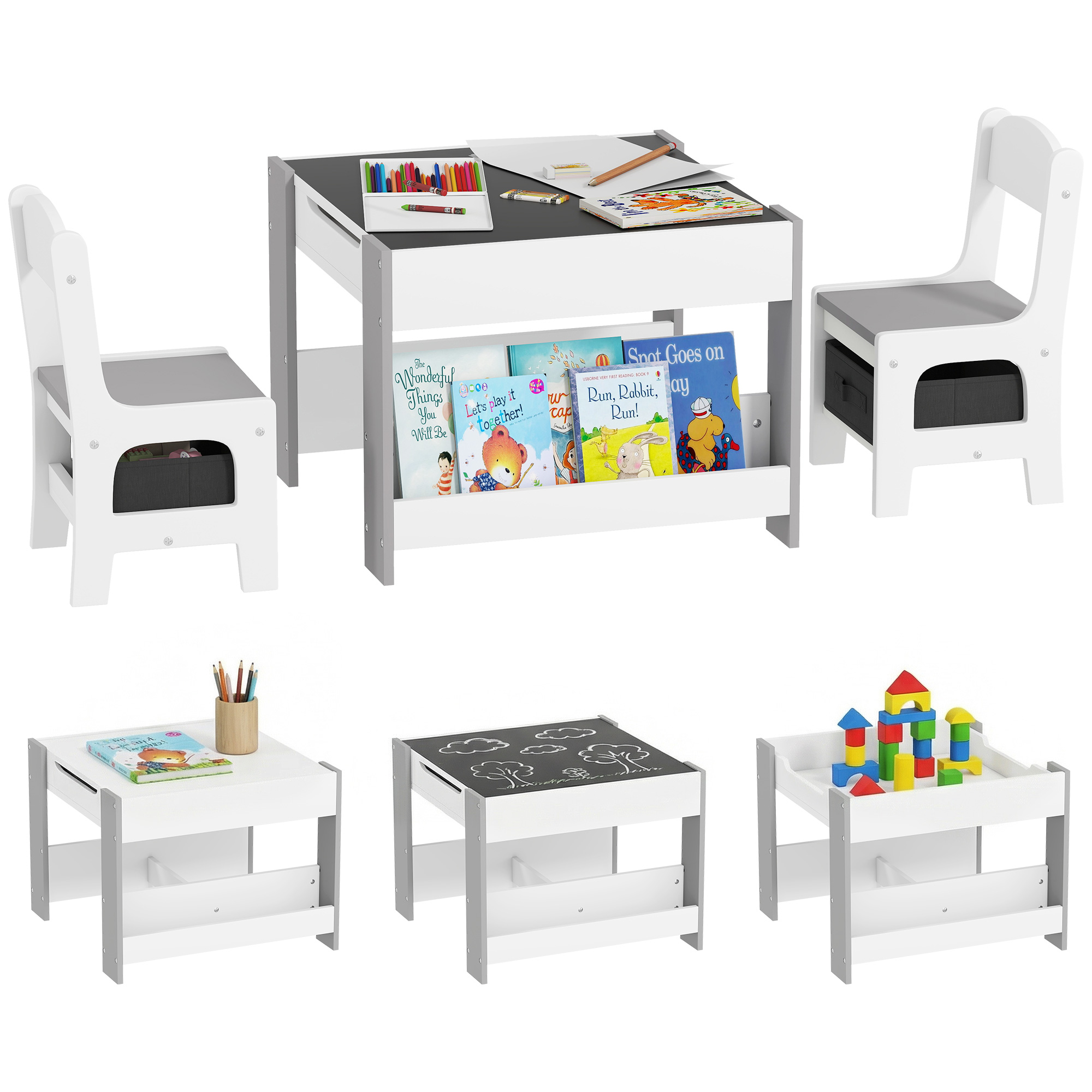 3pc Kids Table and Chair Set with Reversible Tabletop Blackboard, Storage & Bookshelves, Gray