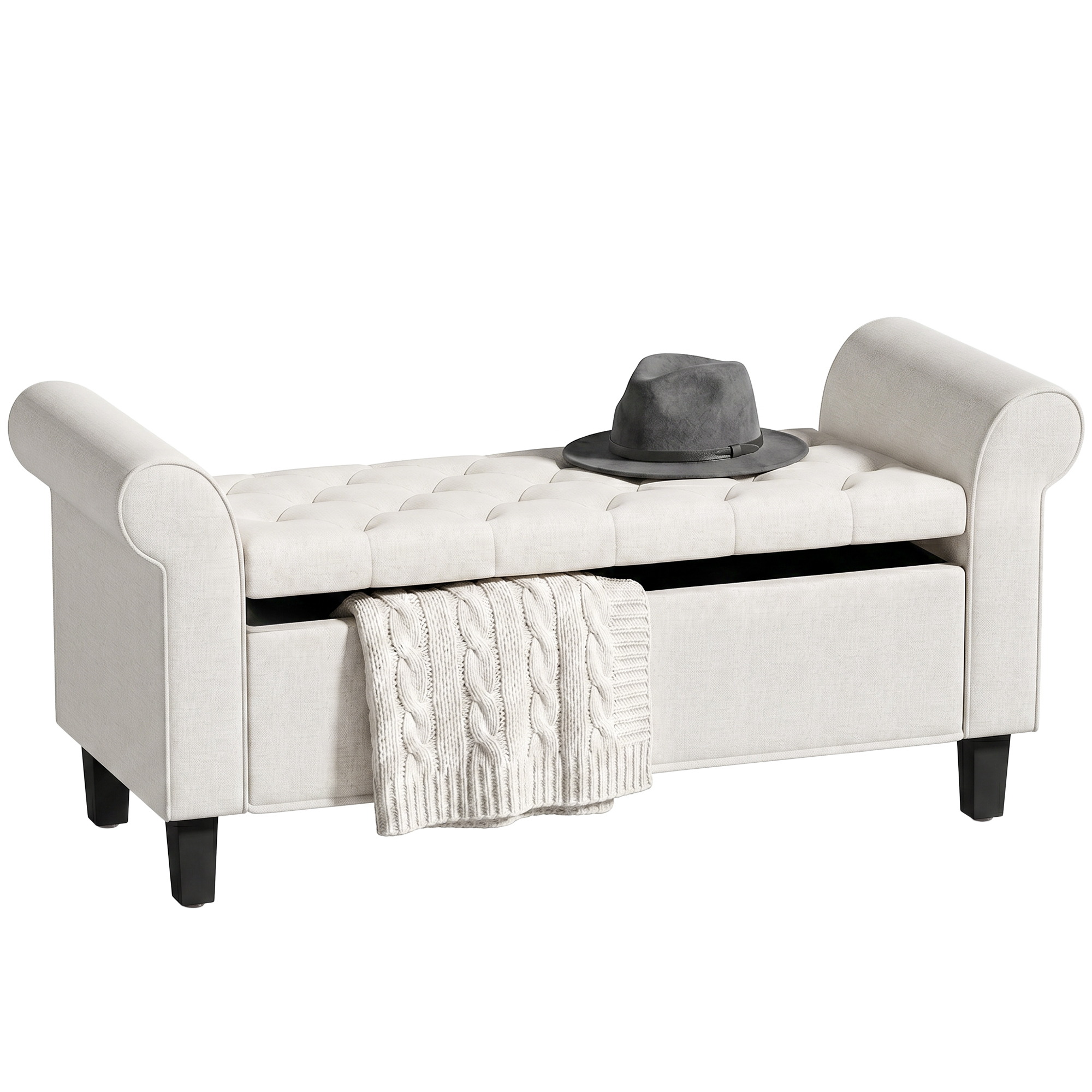 47" Storage Ottoman Bench, Tufted End of Bed Bench with Rolled Arms, Safety Hinge, Wood Legs for Bedroom, Cream White
