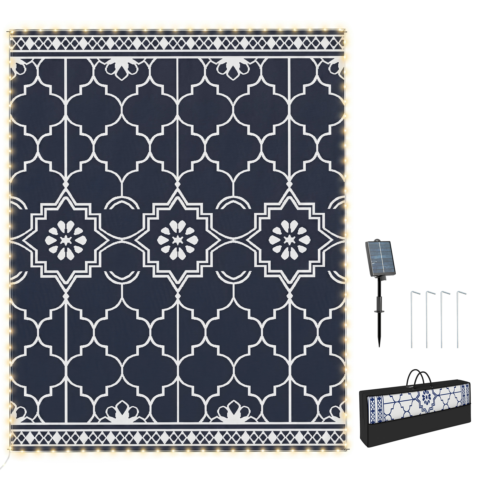 Reversible Outdoor Rug Carpet with LED Lights, 10' x 8' PP Straw Rug with Carry Bag and Ground Stakes