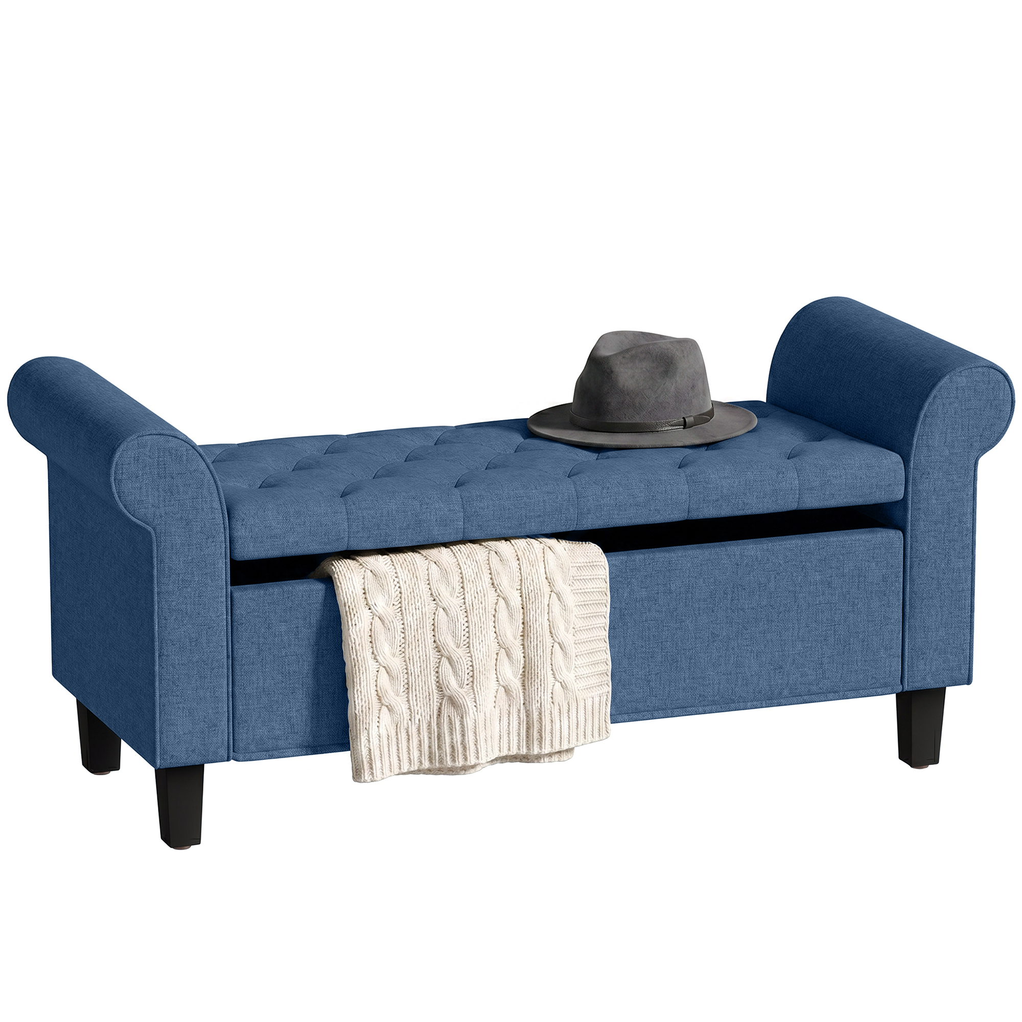 47" Storage Ottoman Bench, Tufted End of Bed Bench with Rolled Arms, Safety Hinge, Wood Legs for Bedroom, Blue