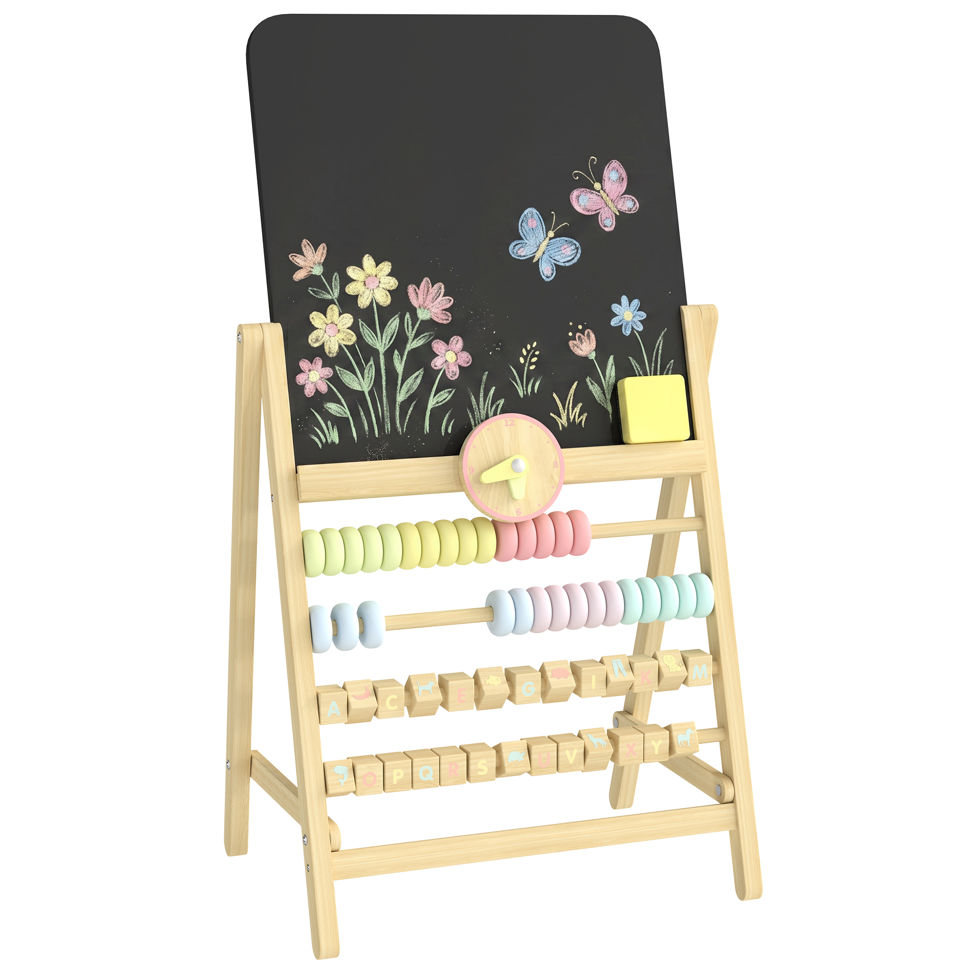 Wooden Kids Art Easel with Double-Sided Chalkboard, Clock, Abacus, Blackboard Eraser for Painting, for Ages 2+, Natural