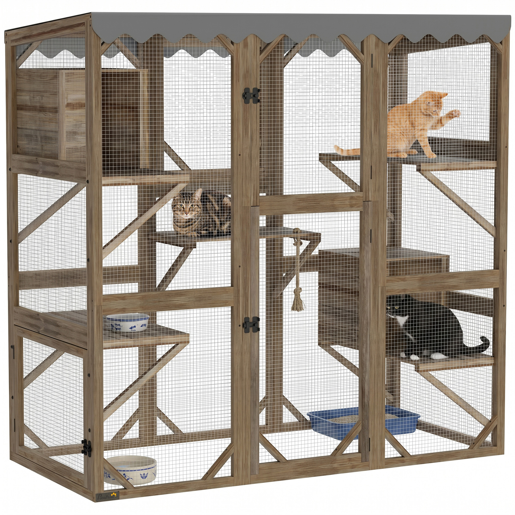 Outdoor Cat Enclosure with Window Access, 5 Platforms and 2 Resting Boxes, Waterproof Roof for Multiple Cats, Brown