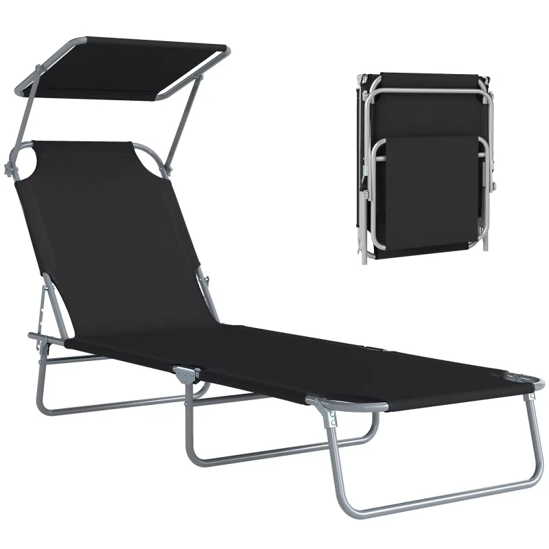 Outdoor Pool Chaise Lounge Chair, Folding Tanning Chair with Sun Shade, Black