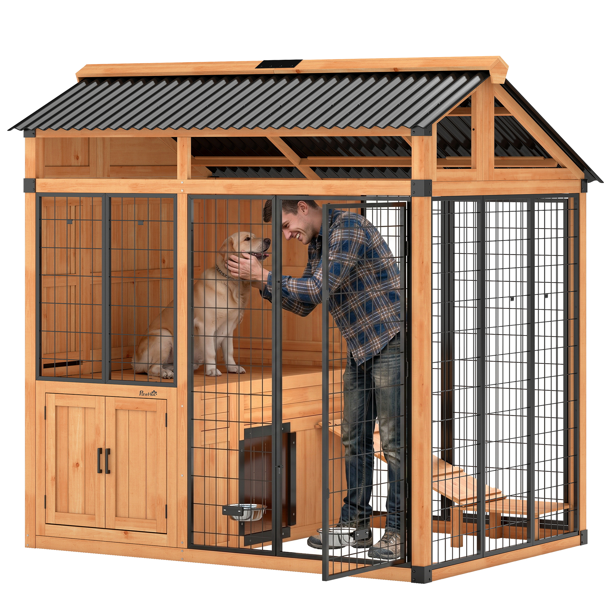 7' x 5' Extra Large Dog House, Wood Outdoor Dog Kennel with Platform, Storage Cabinet for Large Breeds, Yellow