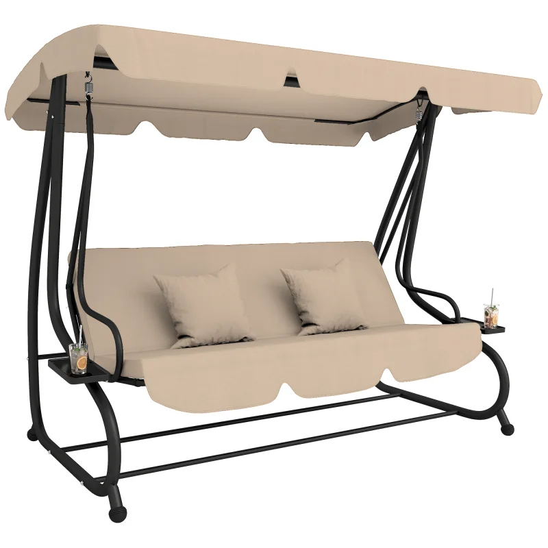 Free Standing Swing Bench, Porch Swing with Stand, Adjustable Canopy, Cushion and Pillows, Ecru