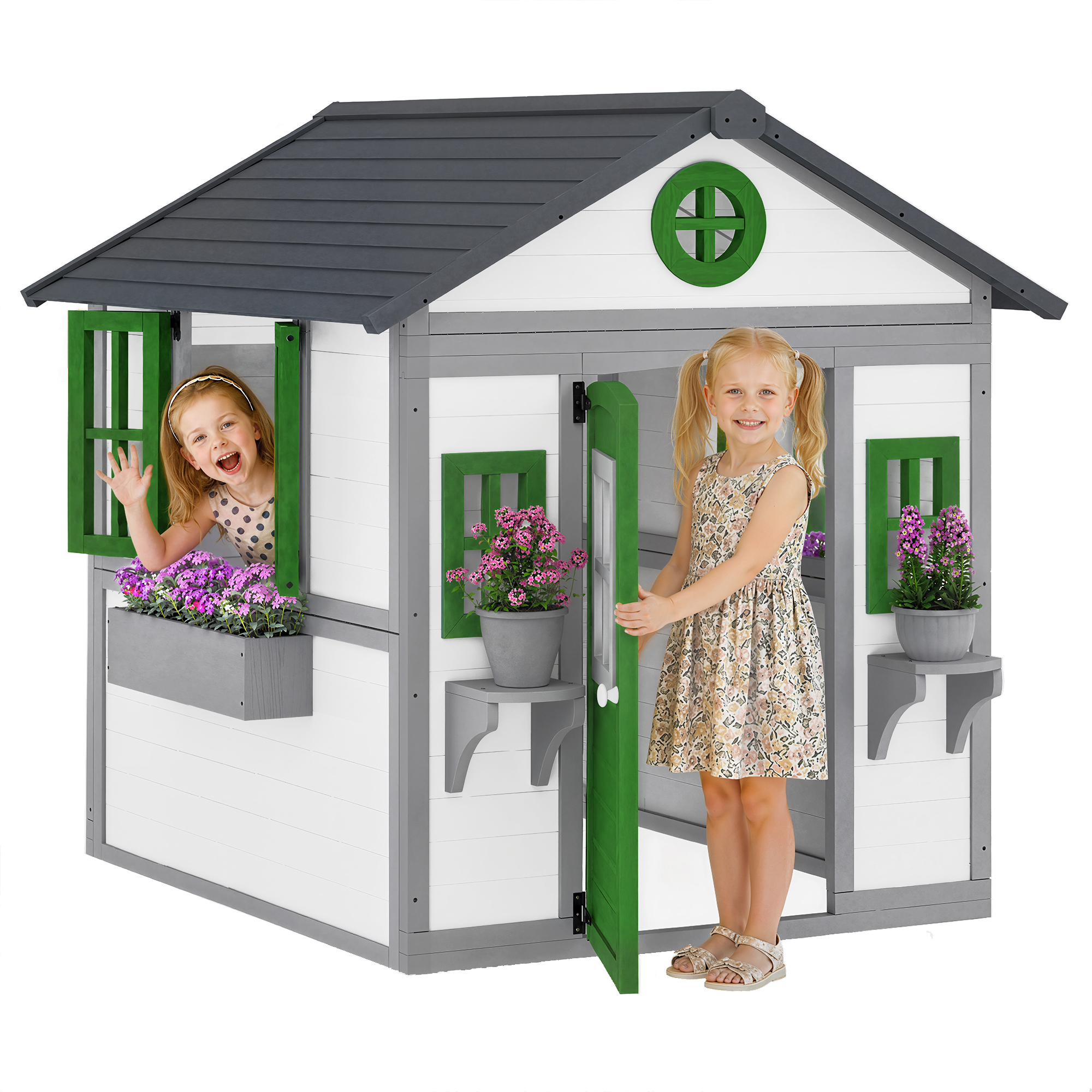 Wooden Playhouse for Kids Outdoor with Doors, Windows, Planter Pots and Boxes for Toddlers 3-8 Years, White