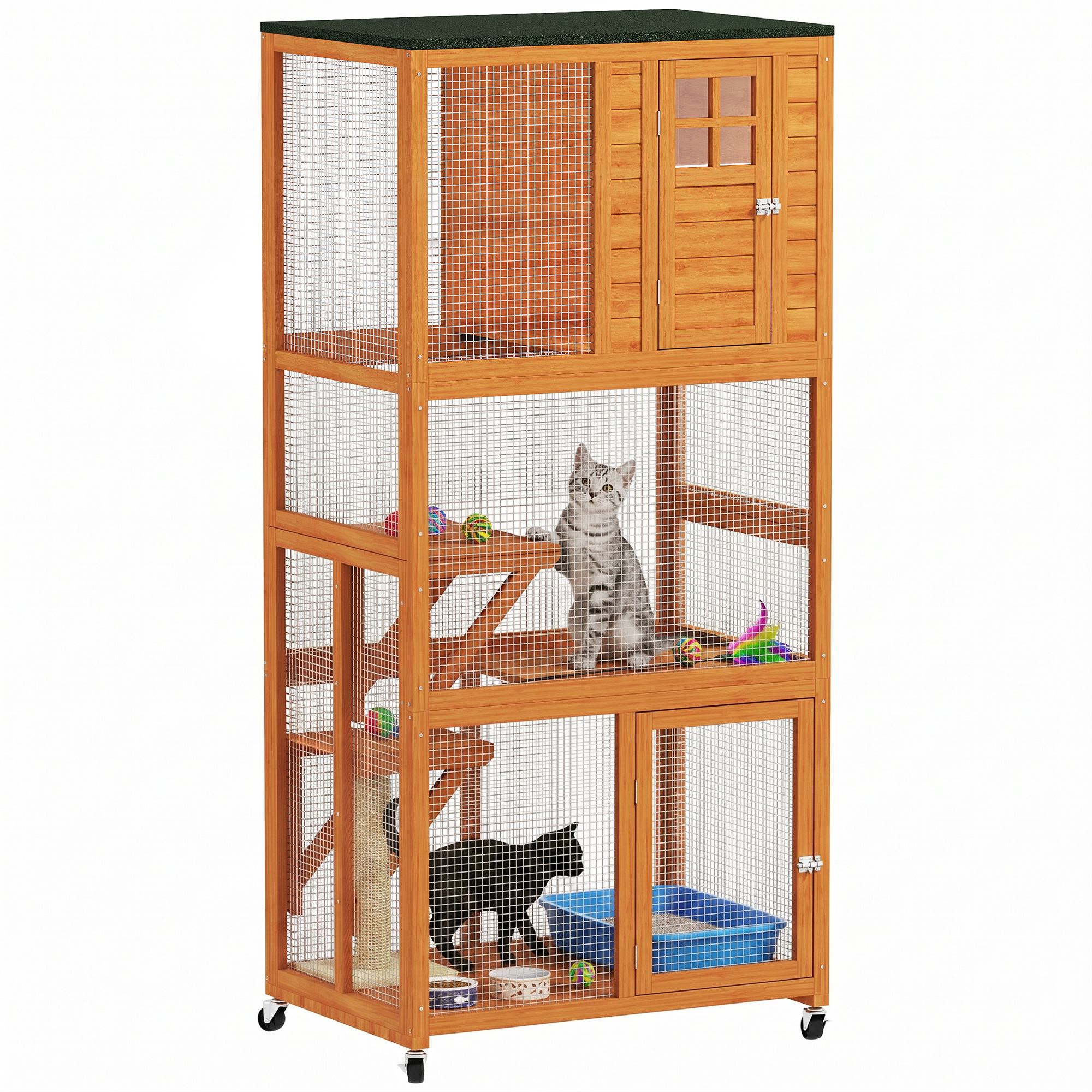 74" Wooden Outdoor Cat House Catio Outdoor Cat Enclosure, Orange