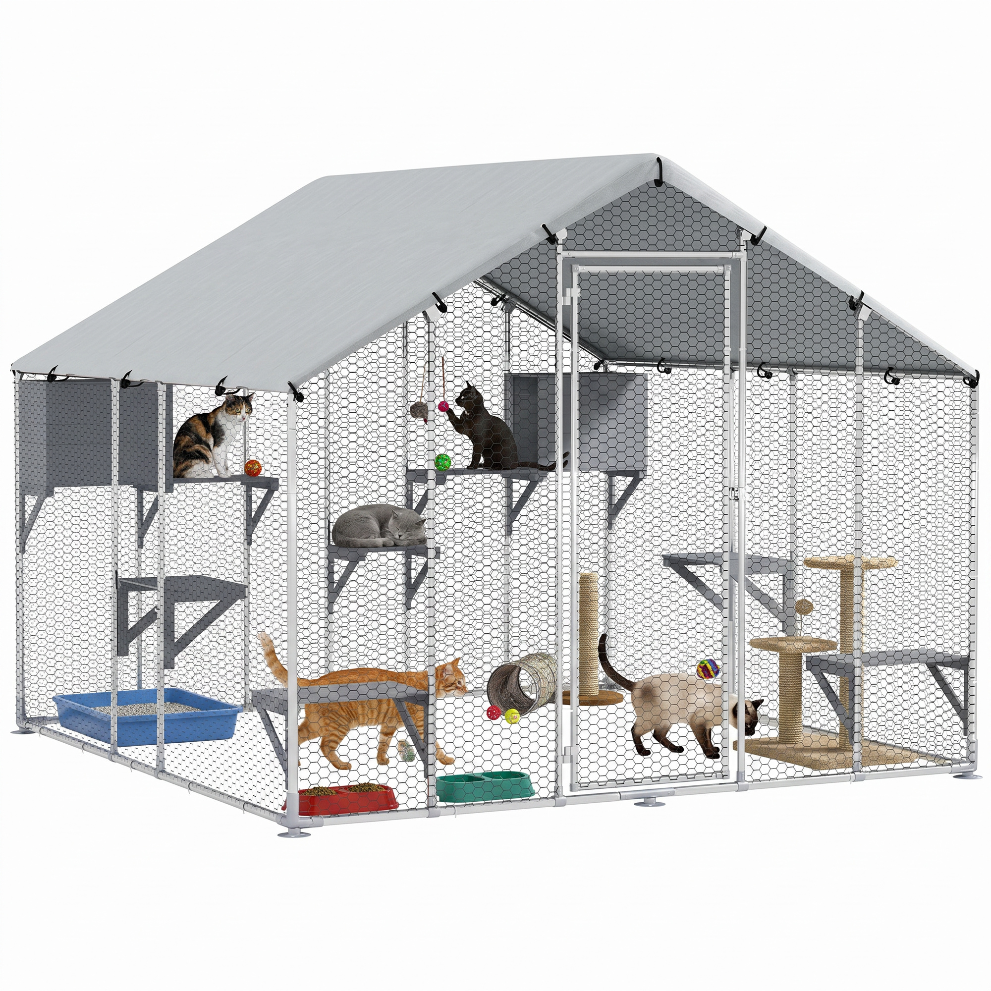 95" Extra Large Metal Outdoor Catio with Waterproof Cover, 2 Resting Boxes, 7 Jumping Platforms, for Multiple Cats