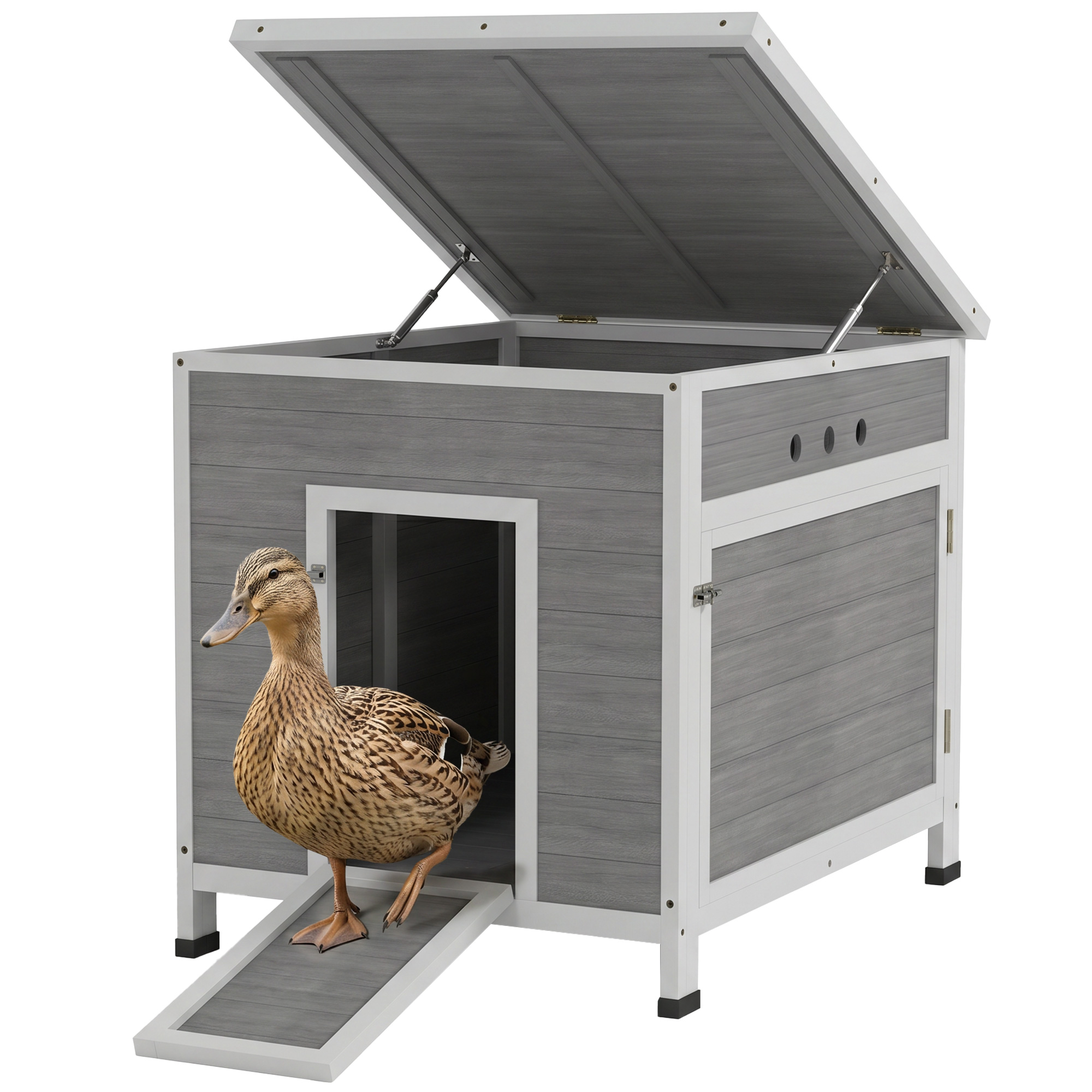Wooden Duck Coop with Openable Roof, Removable Floor, Double Doors, Ramp, for 2-4 Ducks, Chickens, 25" x 32" x 30"