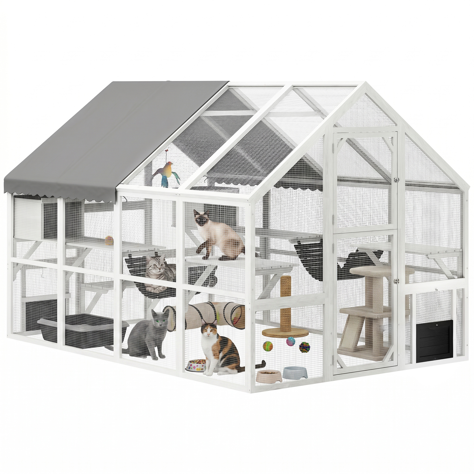 Wooden Catio Outdoor Cat Enclosure with Waterproof Cover, 2 Condos, 6 Platforms, Bridge, Doors, White