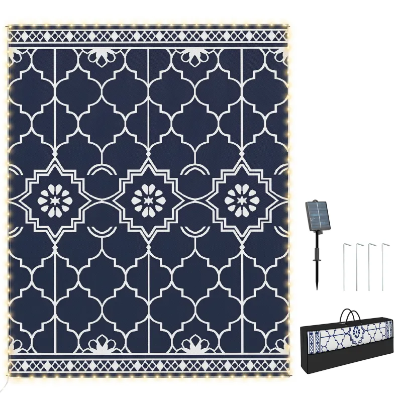 Reversible Outdoor Rug Carpet with LED Lights, 12' x 9' PP Straw Rug with Carry Bag and Ground Stakes