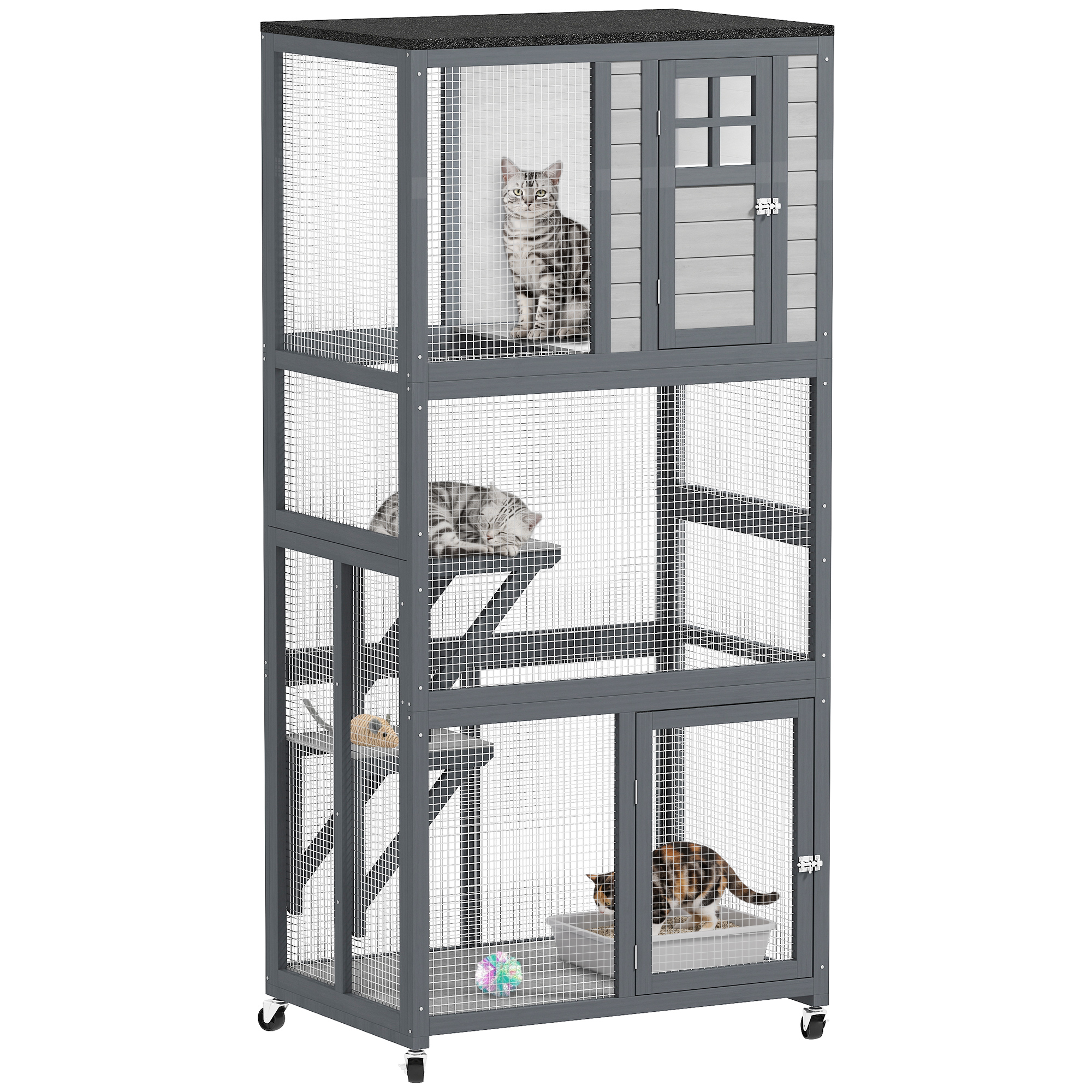 74" Wooden Outdoor Cat House Catio with High Weight Capacity, Cat Cage Condo, Dark Gray