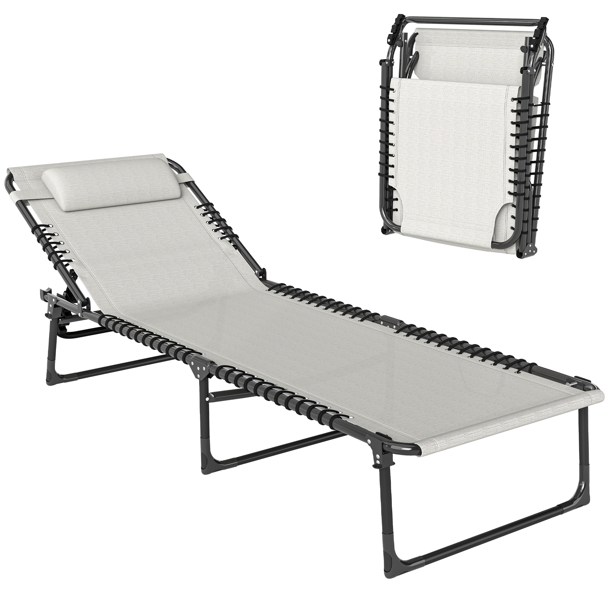 Folding Chaise Lounge Pool Chair with 4-Position Reclining Back, Pillow, Breathable Mesh & Bungee Seat, Cream White