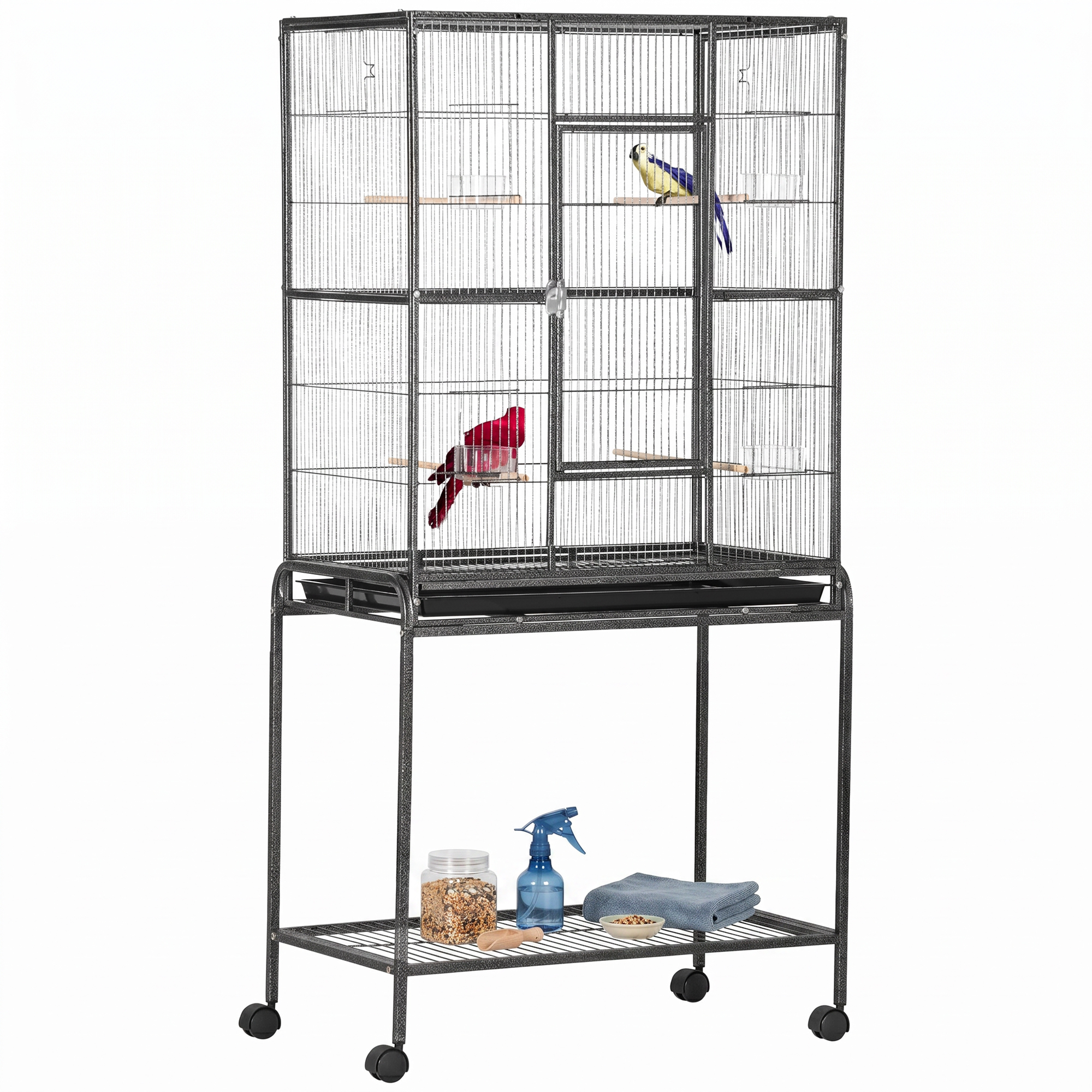 30" Rolling Metal Bird Cage Feeder with Detachable Rolling Stand, Storage Shelf, Wood Perch & Food Container