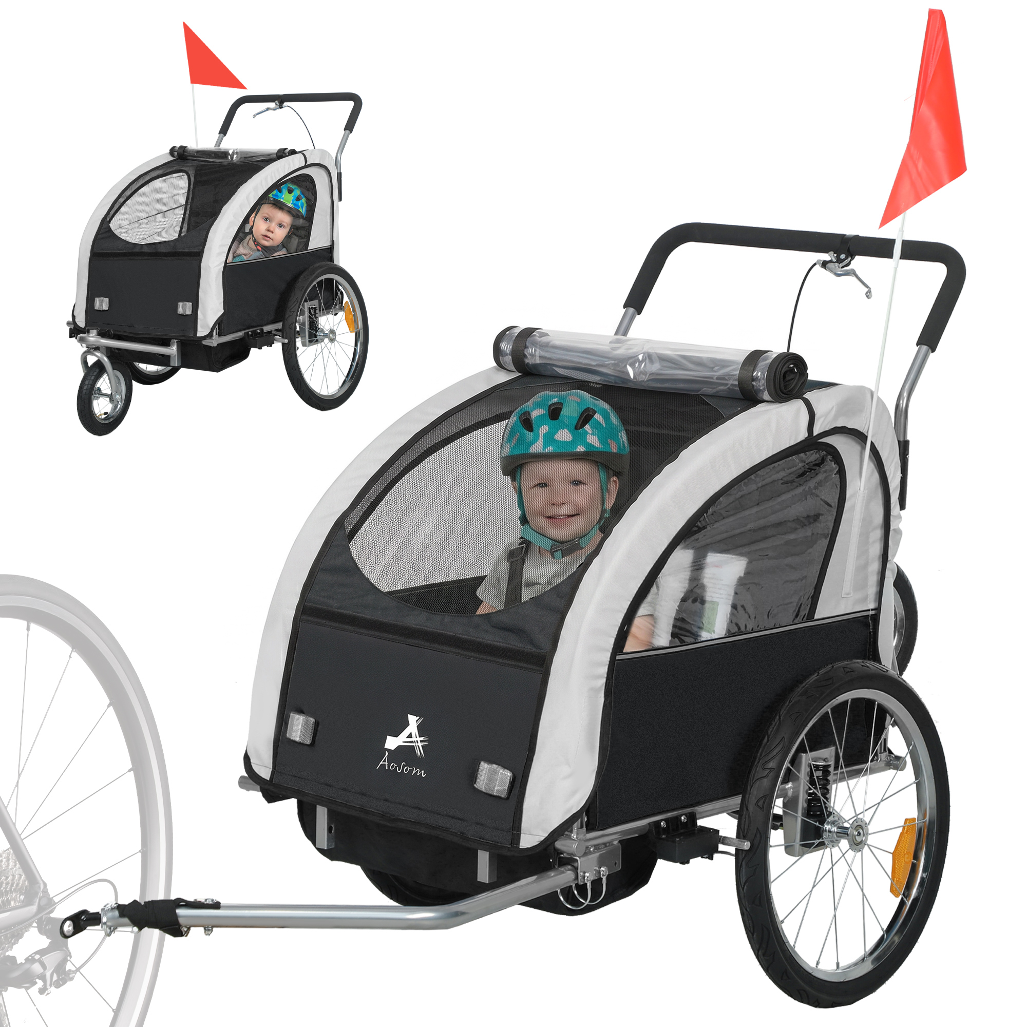 2-Seat Elite 360 Swivel Bike Trailer for Kids Bicycle Cargo Trailer with Water-Resistant Windows, Black and White