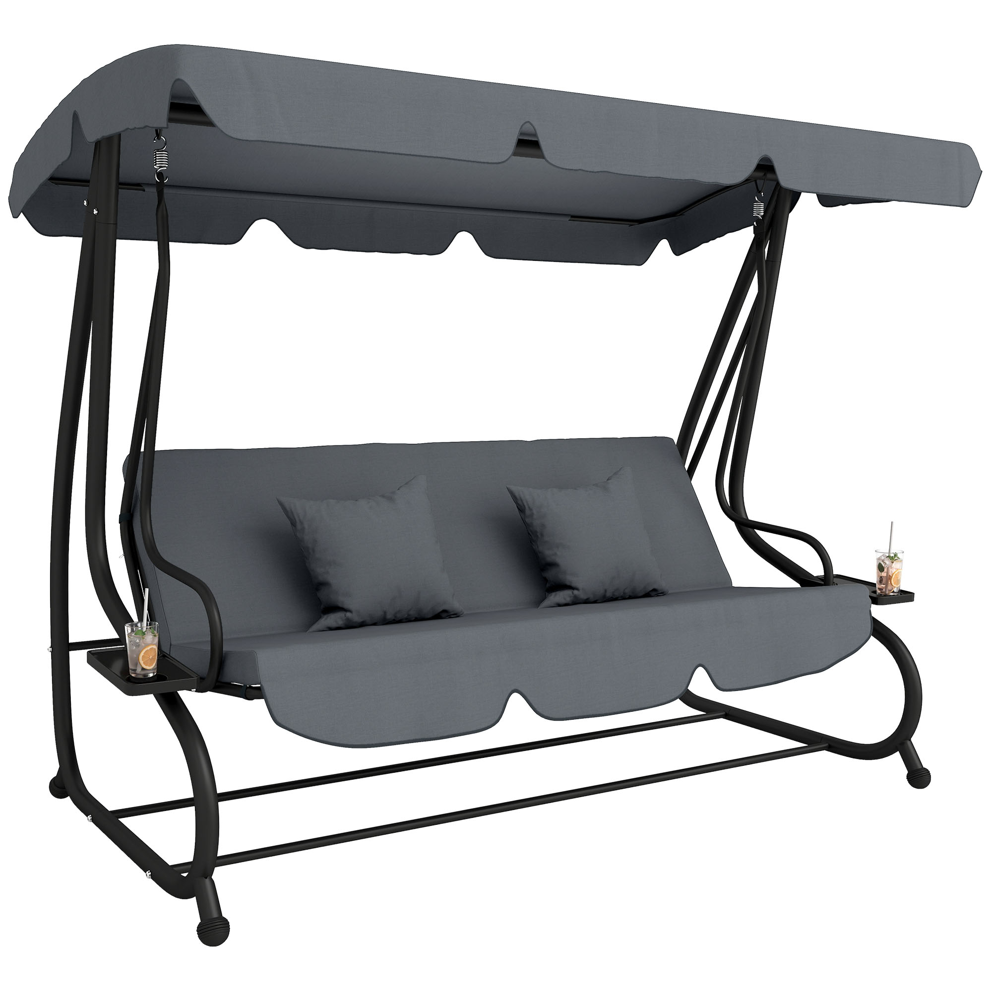Free Standing Swing Bench, Porch Swing with Stand, Adjustable Canopy, Cushion and Pillows, Dark Gray