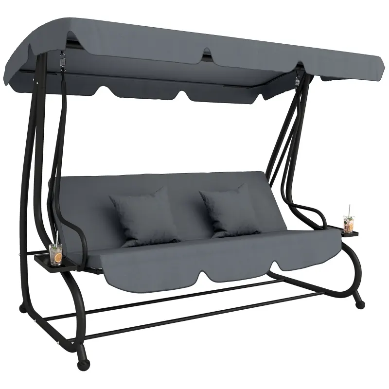 Free Standing Swing Bench, Porch Swing with Stand, Adjustable Canopy, Cushion and Pillows, Dark Gray