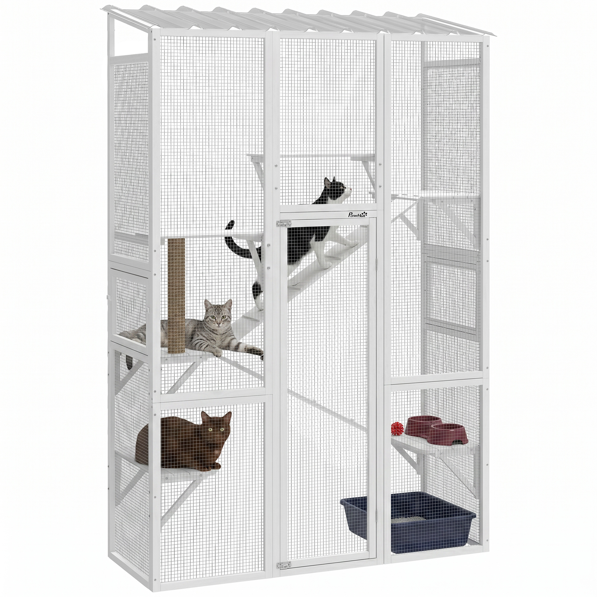 Outdoor Catio Cat Enclosure, Large Wooden Cat House with 6 Jumping Platforms, Scratching Post, 2 Ramps, for 2-3 Kittens