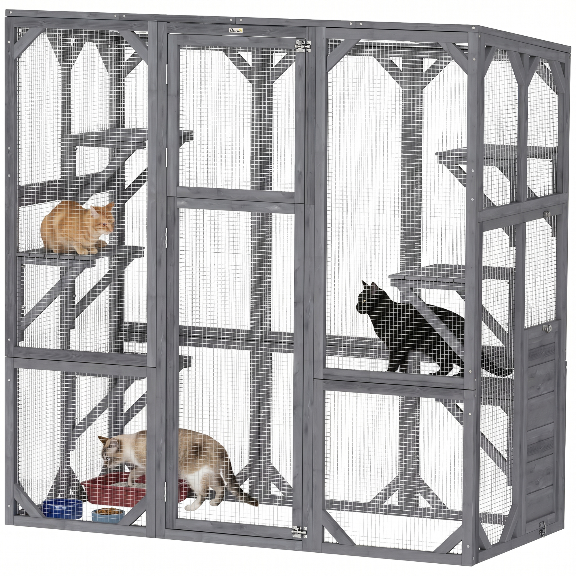 Large Wooden Catio Outdoor with 6 Jumping Platforms, Weatherproof Roof, for 1-3 Cats, 59" x 28" x 60", Gray