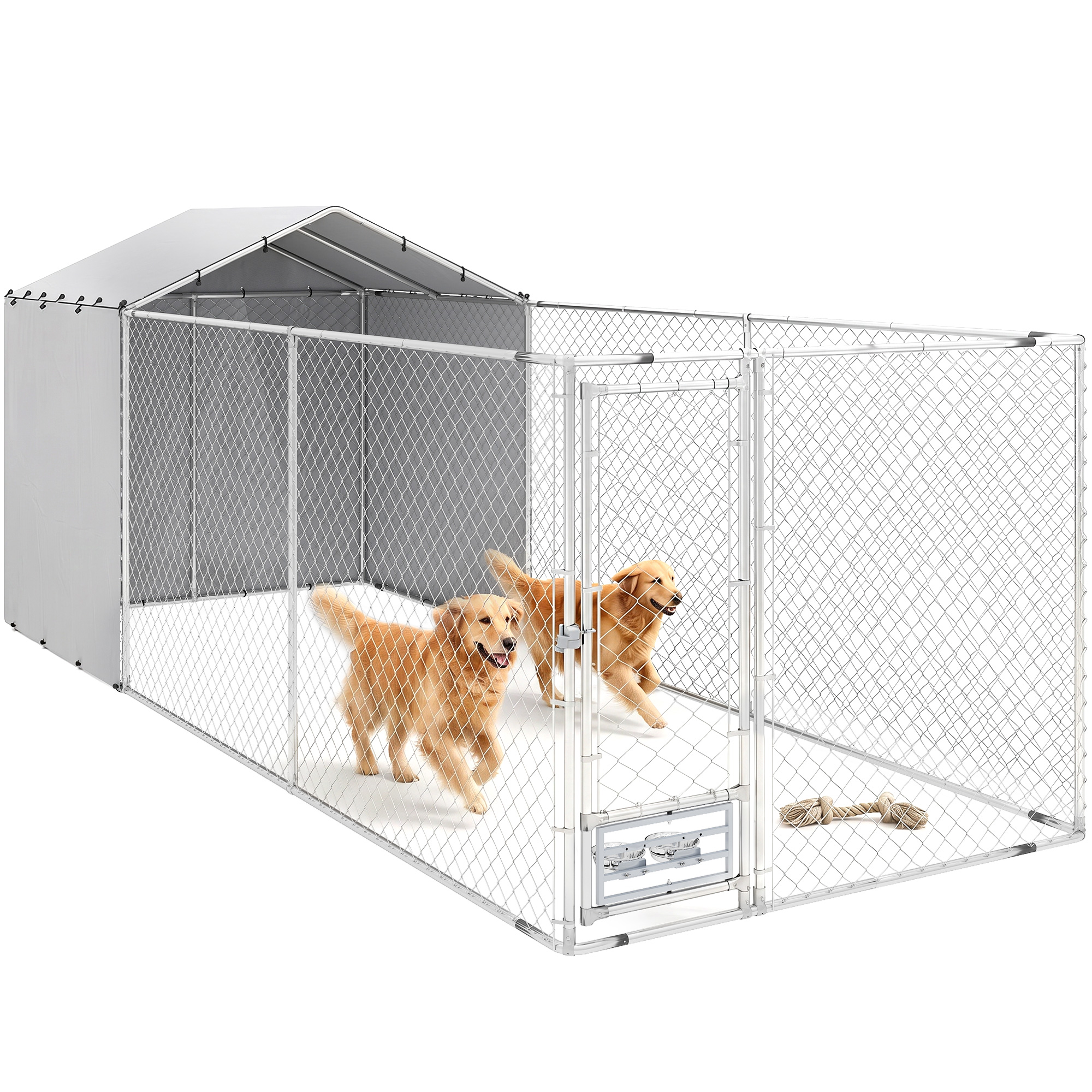 Galvanized Chain Link Large Outdoor Dog Kennel with Waterproof & UV-Resistant Cover, for M&L Dogs, 19.7' x 7.5' x 7.5'
