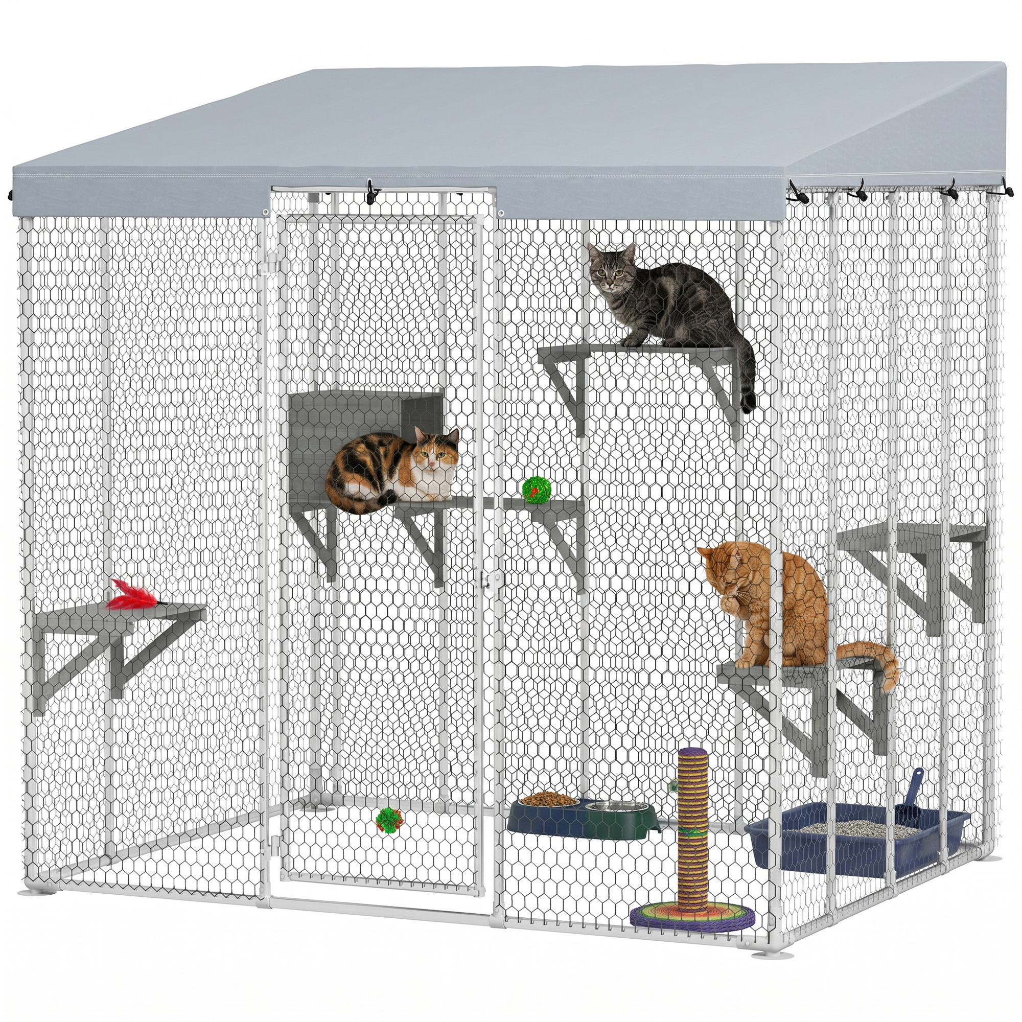 79" Galvanized Steel Large Catio with Waterproof Canopy, Sleeping Box, Jumping Platforms, for 1-3 Kittens, Silver
