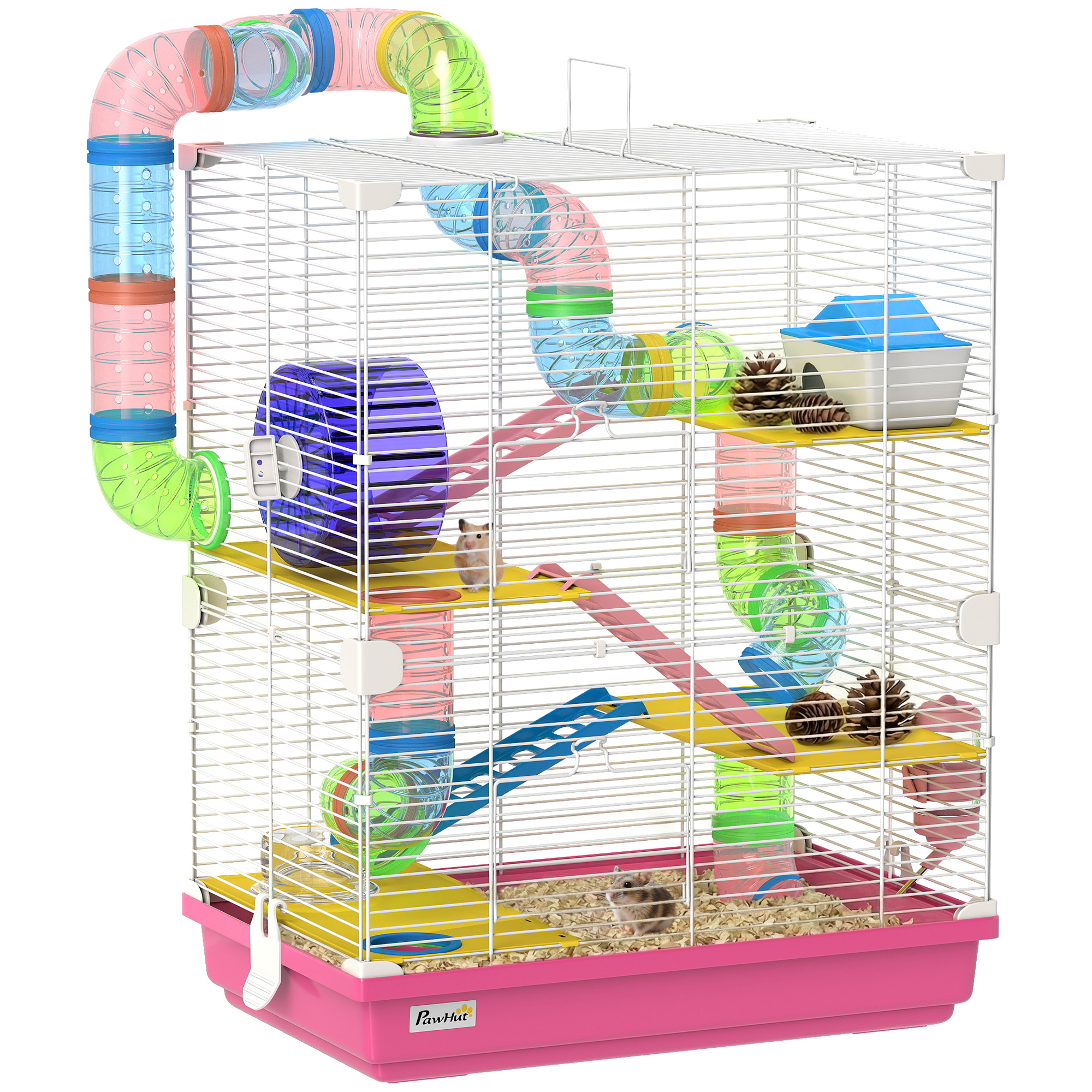 5 Tiers Hamster Cage Portable Animal Travel Carrier w/ Exercise Wheels Tube, Pink