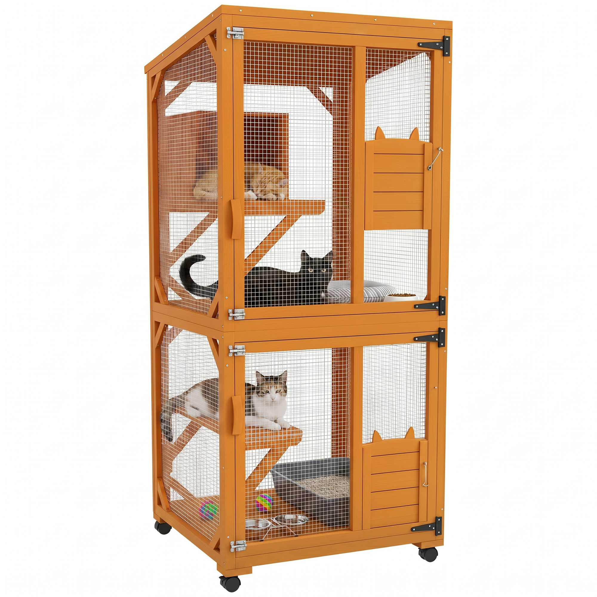 Large Cat House for 1-3 Cats on Wheels Wooden Catio Enclosure Orange
